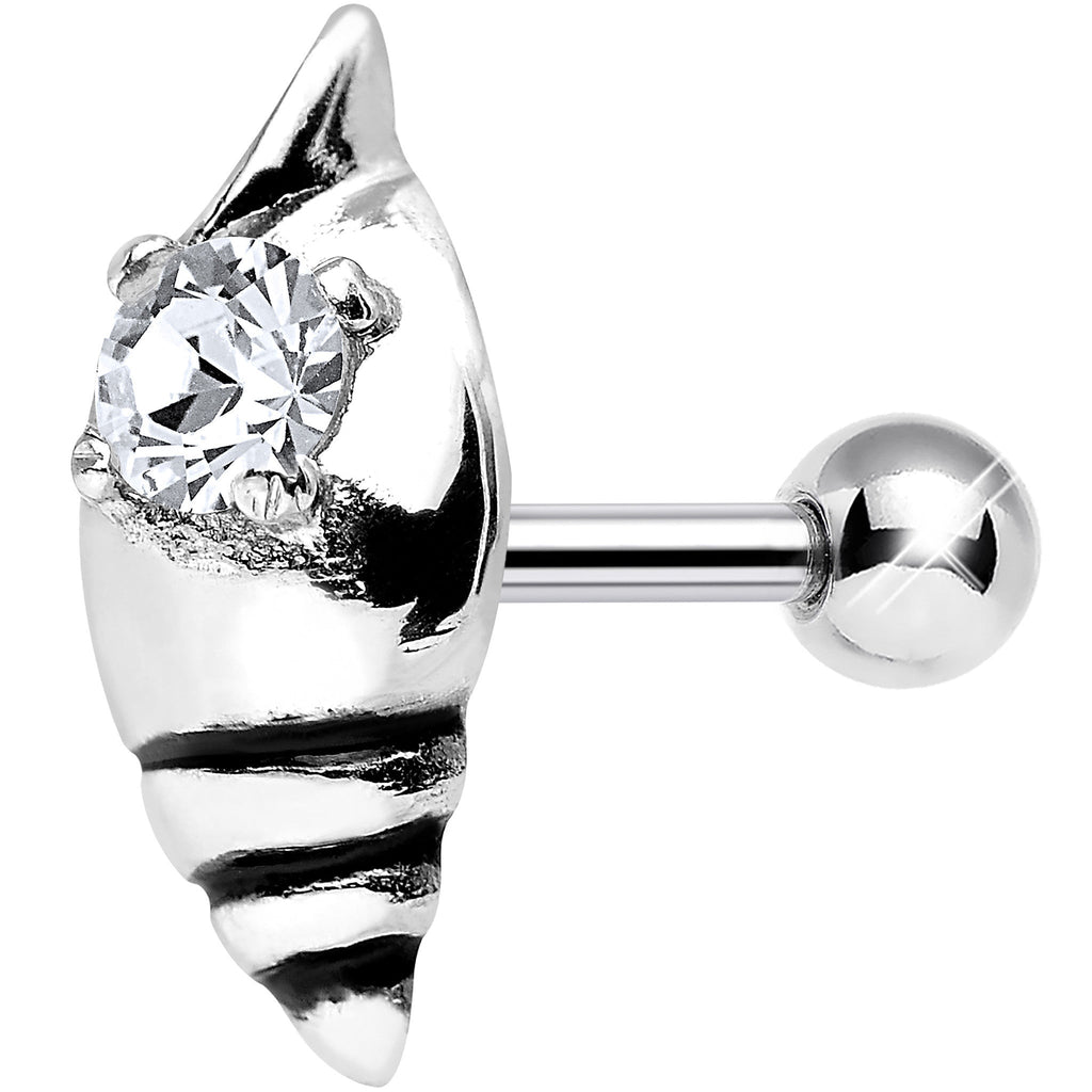 925 Sterling Silver Clear Gem Glossy Seashell Tragus Cartilage Earring