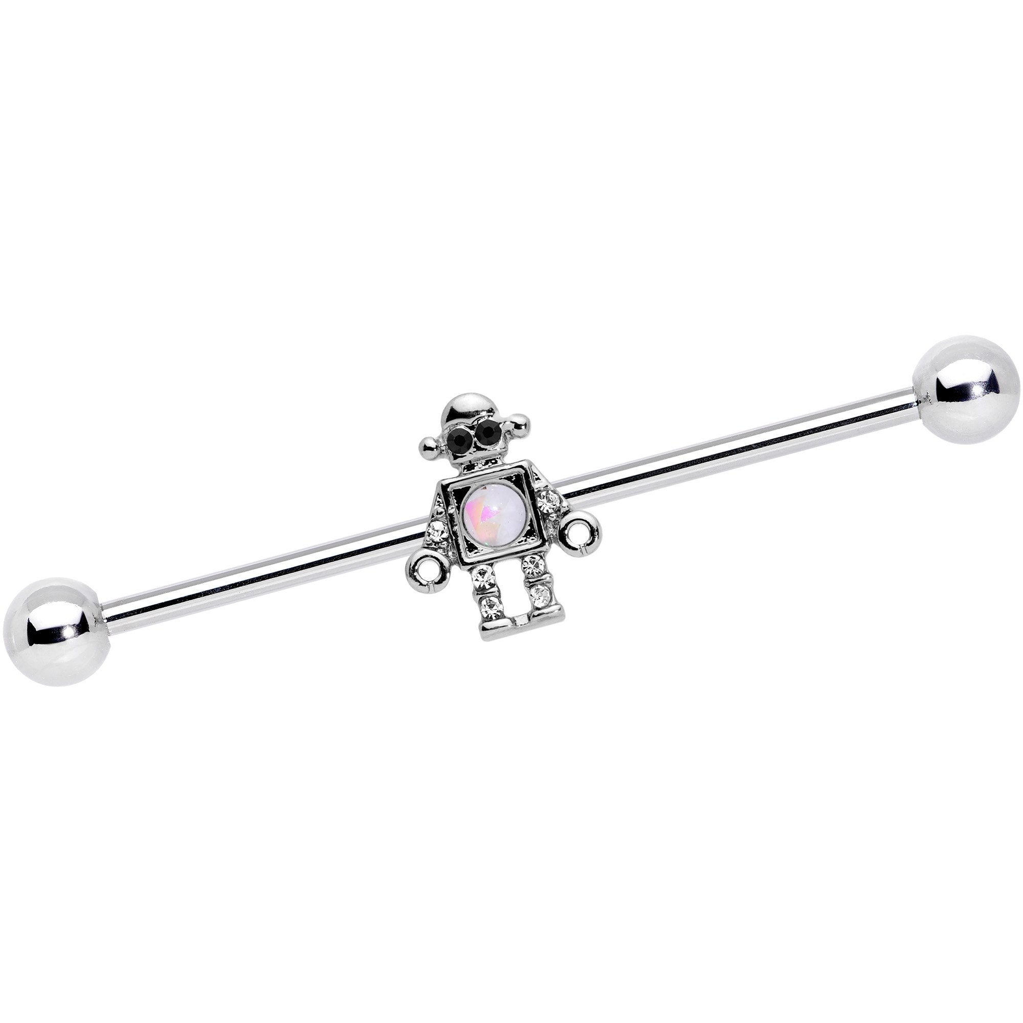 14G White Faux Opal Rock Out Robot Industrial Barbell 38mm