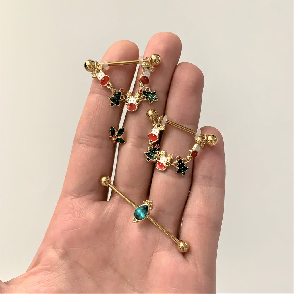14G Green Gem Gold Tone Regal Drop Industrial Barbell 38mm