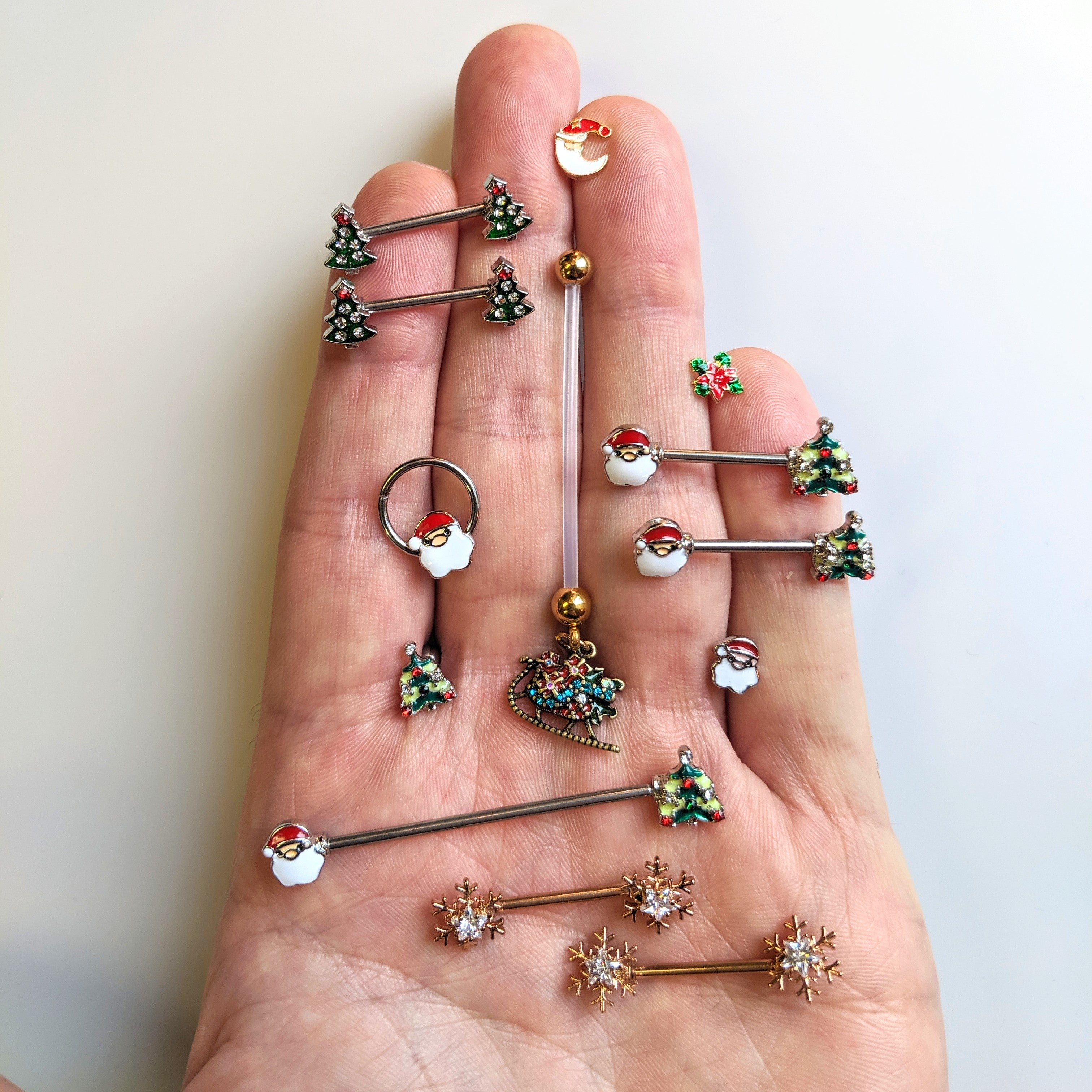 14G 9/16 Red Gem Santa Christmas Tree Barbell Nipple Ring Set