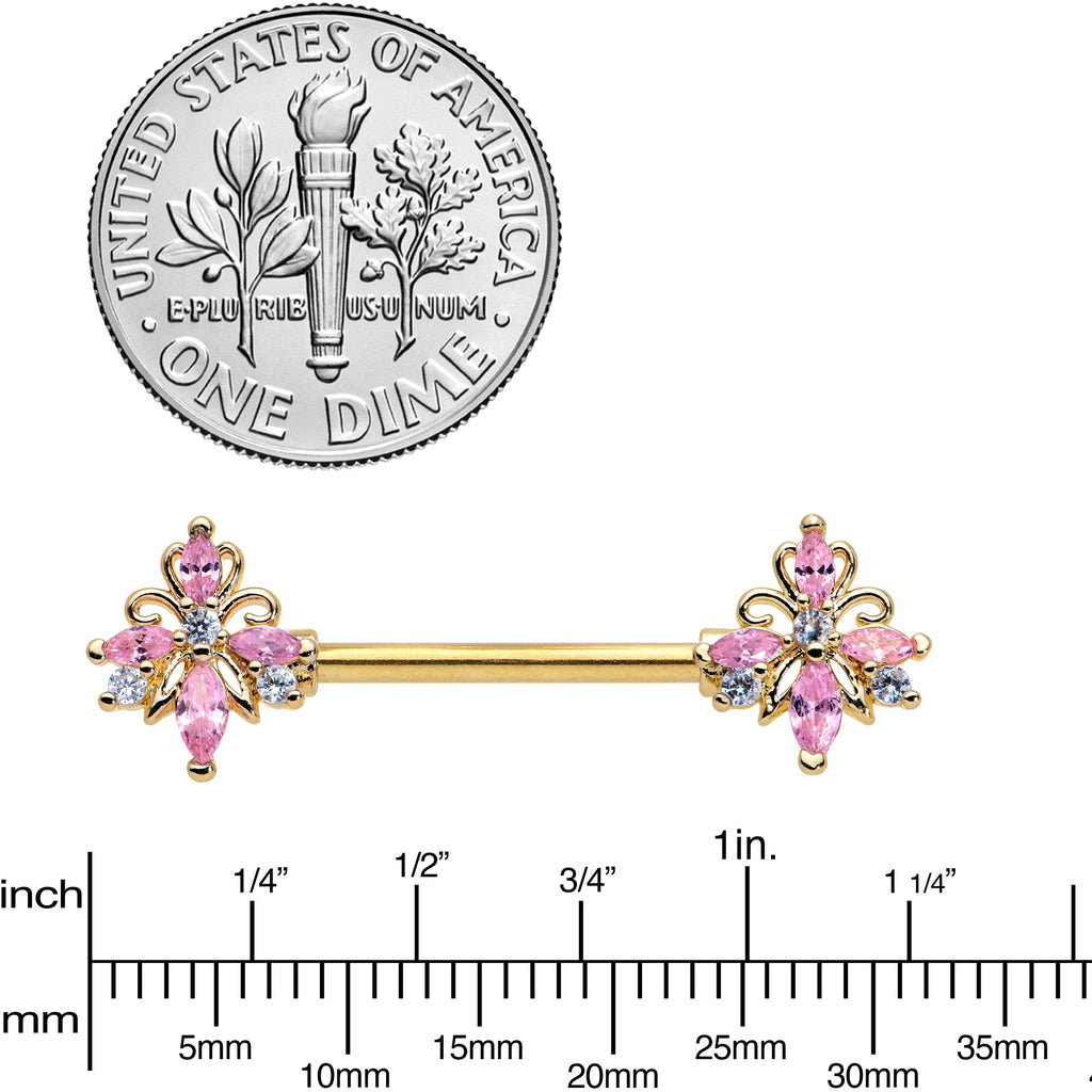 14G 9/16 Pink CZ Gem Gold Tone Pretty Barbell Nipple Ring Set