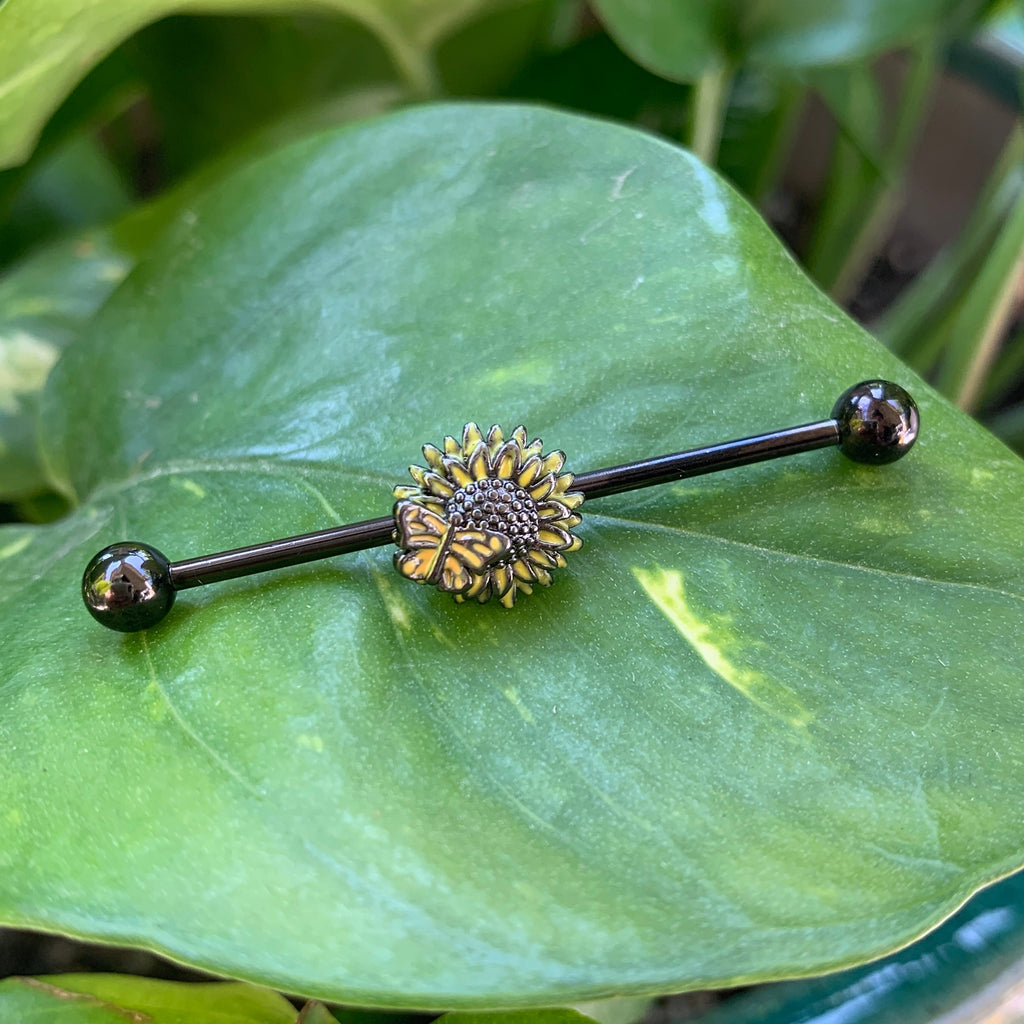 14G Black Sunflower Butterfly Industrial Barbell 38mm