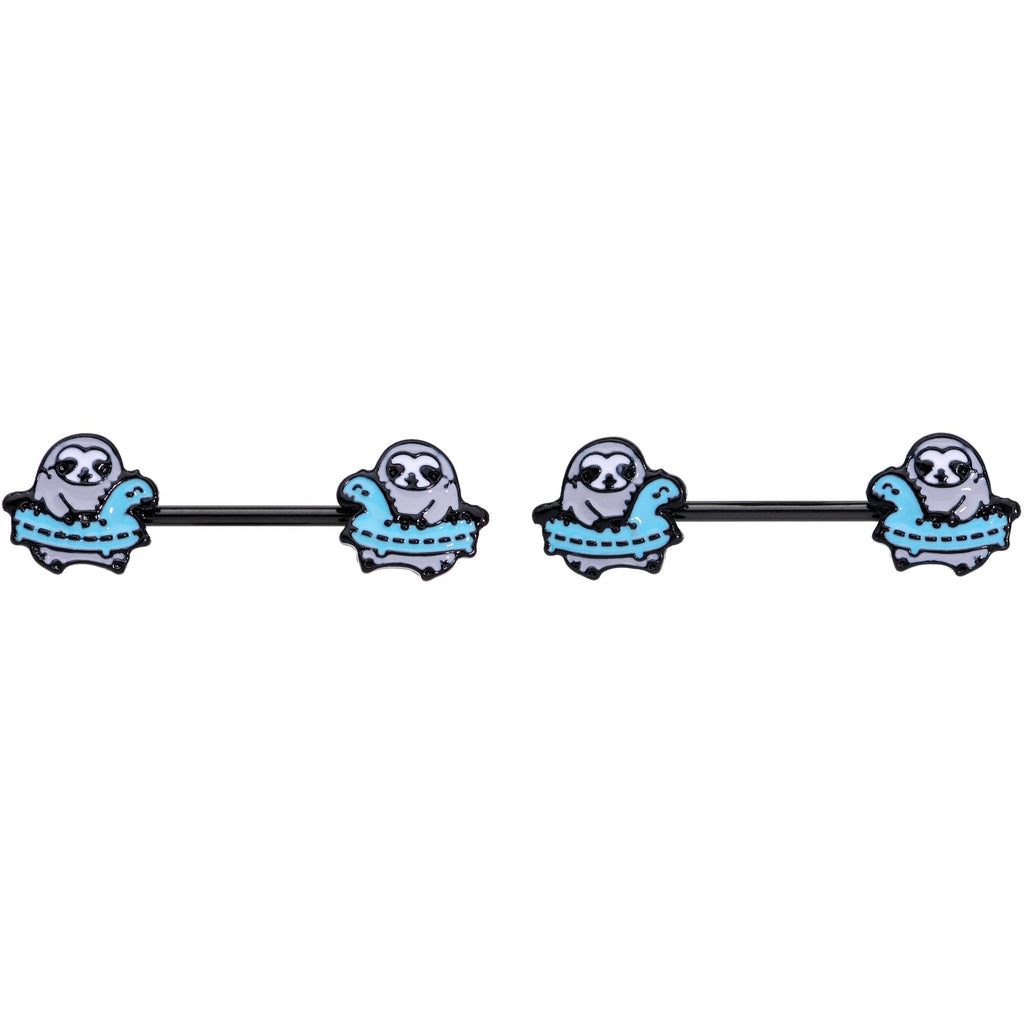 14G 9/16 Black Swimming Sloth Barbell Nipple Ring Set