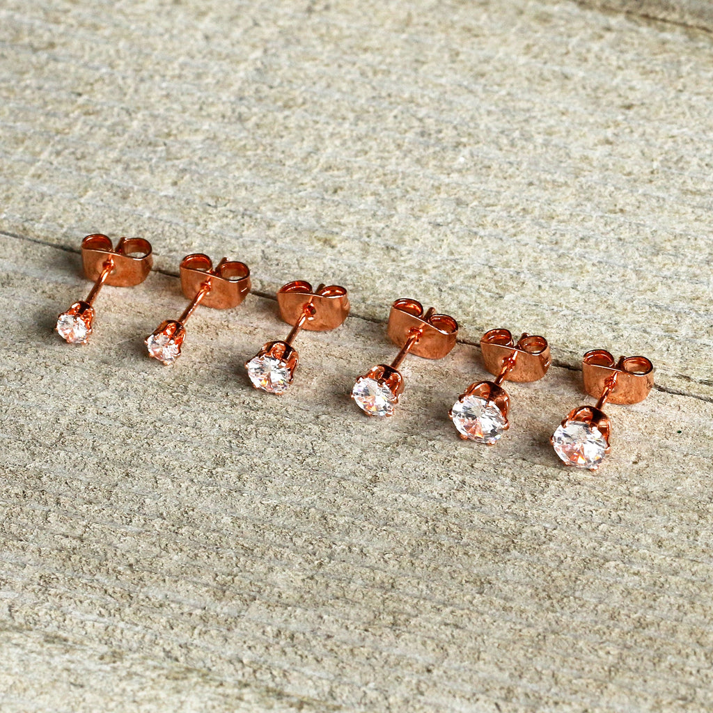 20G Clear CZ Gem Rose Gold Tone Post Stud Earring Set of 3