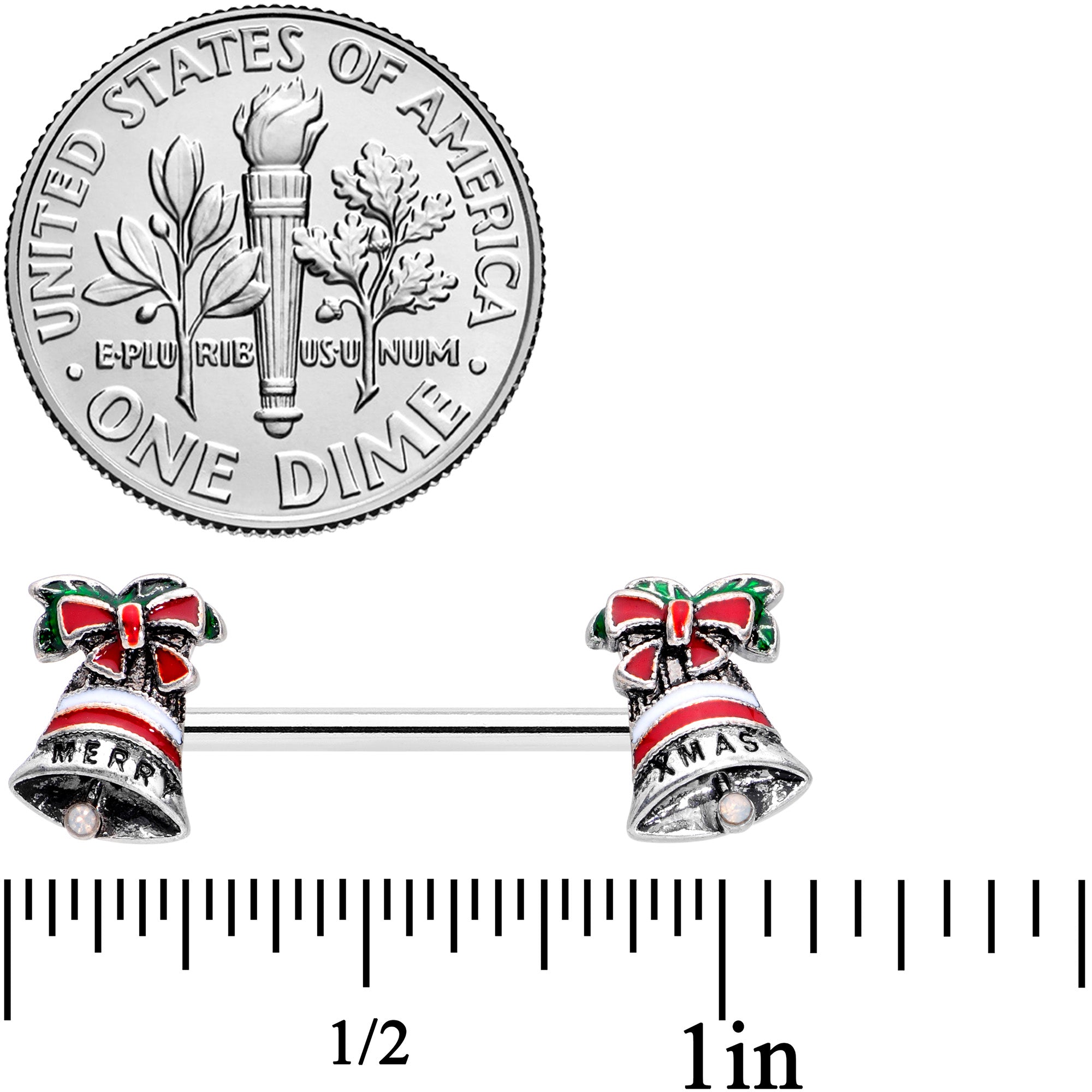 14G 5/8 Red White Green Bell Christmas Barbell Nipple Ring Set
