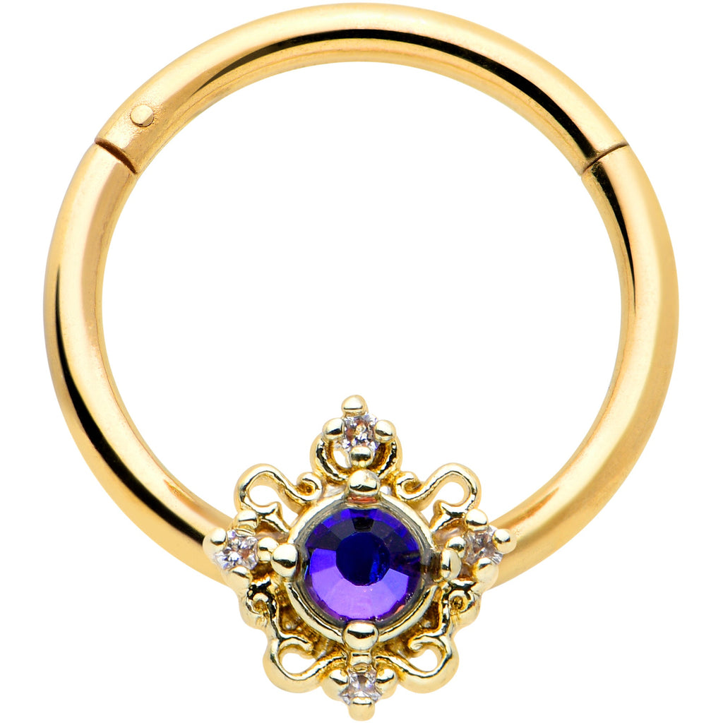 16G 3/8 Purple Tourmaline Gold Tone Filigree Hinged Segment Ring