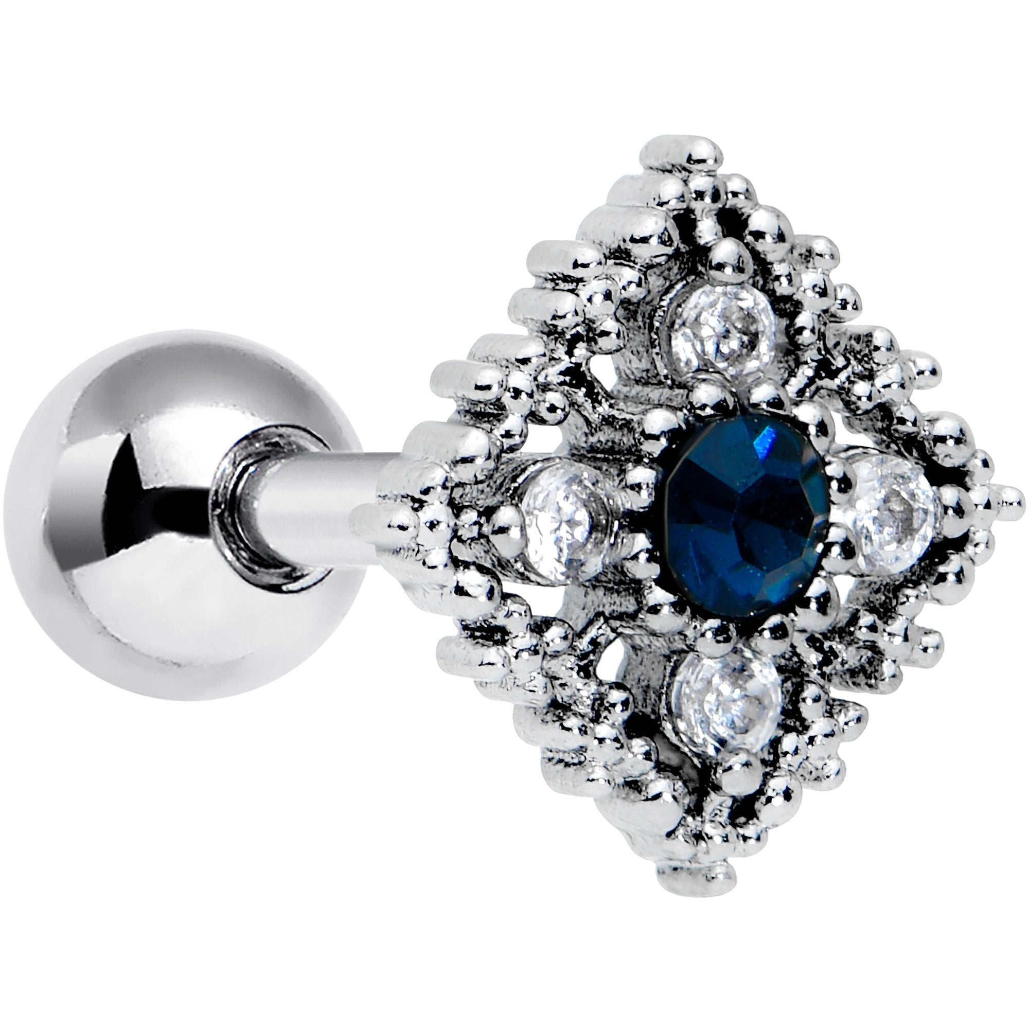 16G 1/4 Clear Blue Gem Textured Rhombus Cross Cartilage Tragus
