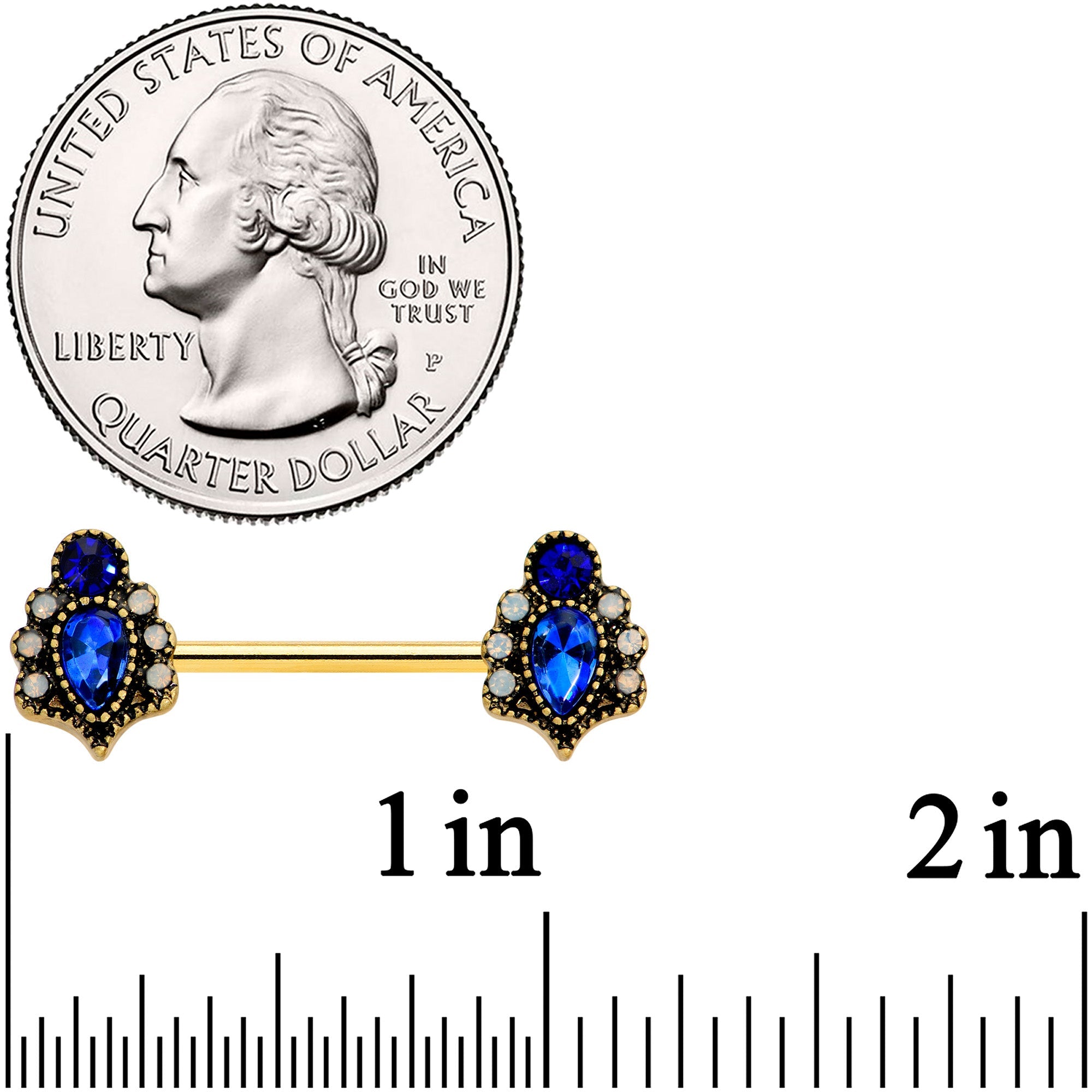 14G 9/16 Clear Blue Gem Gold Tone Heirloom Drop Nipple Ring Set