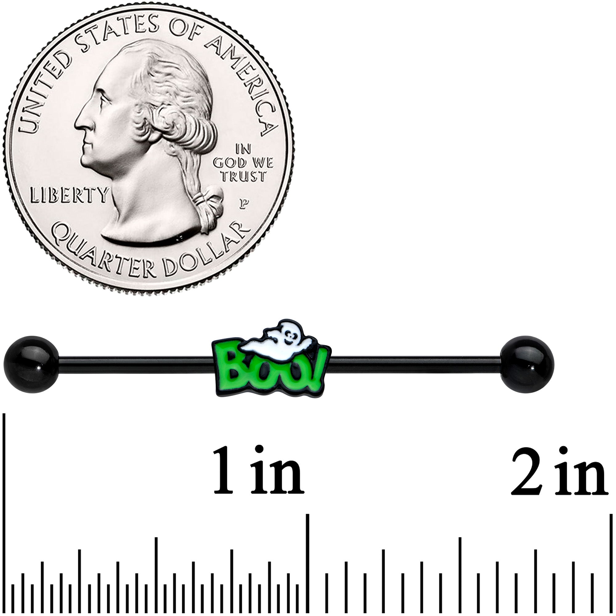 14G Black Green Boo Ghost Halloween Industrial Barbell 38mm
