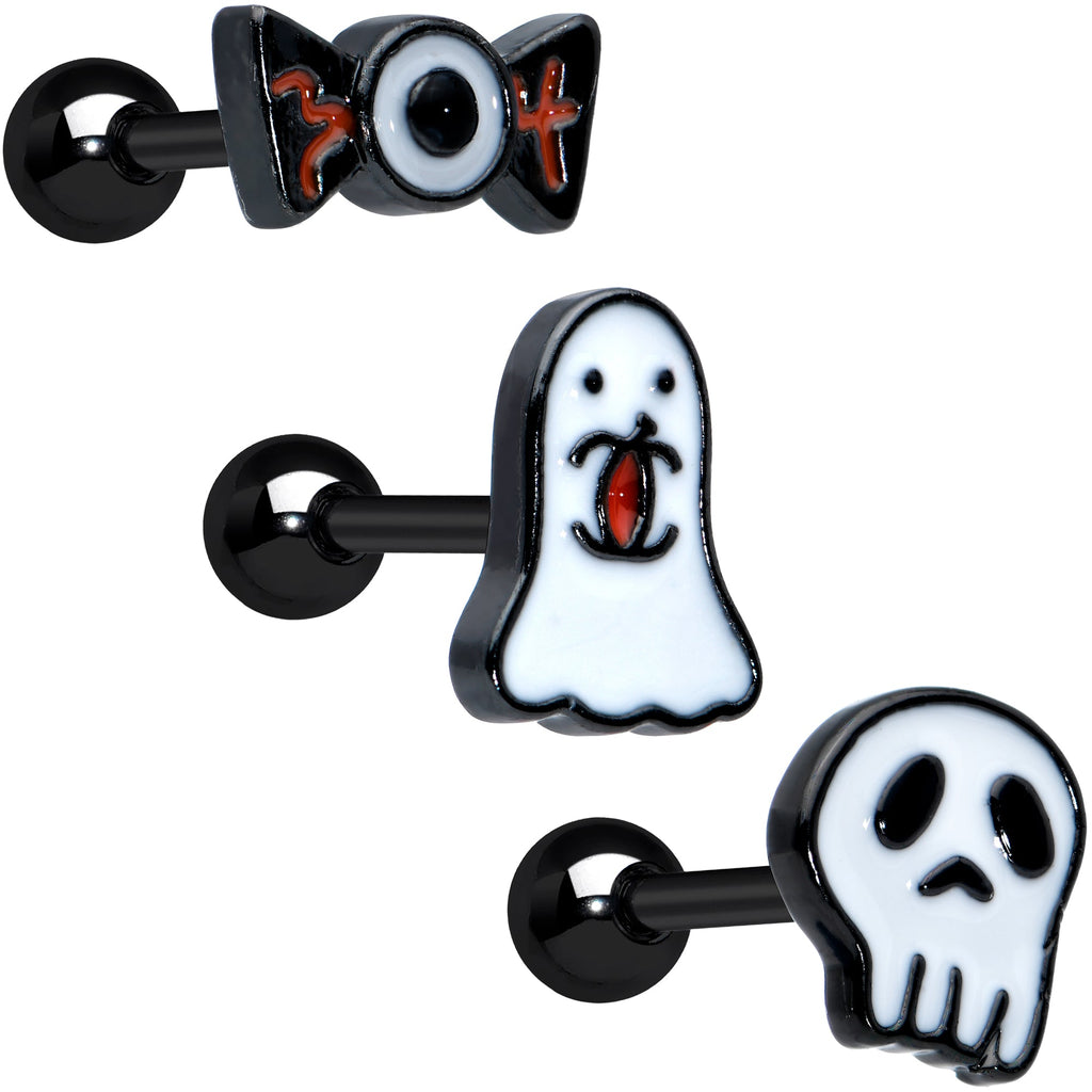 16G 1/4 Black Ghost Skull Eye Halloween Cartilage Tragus Set of 3