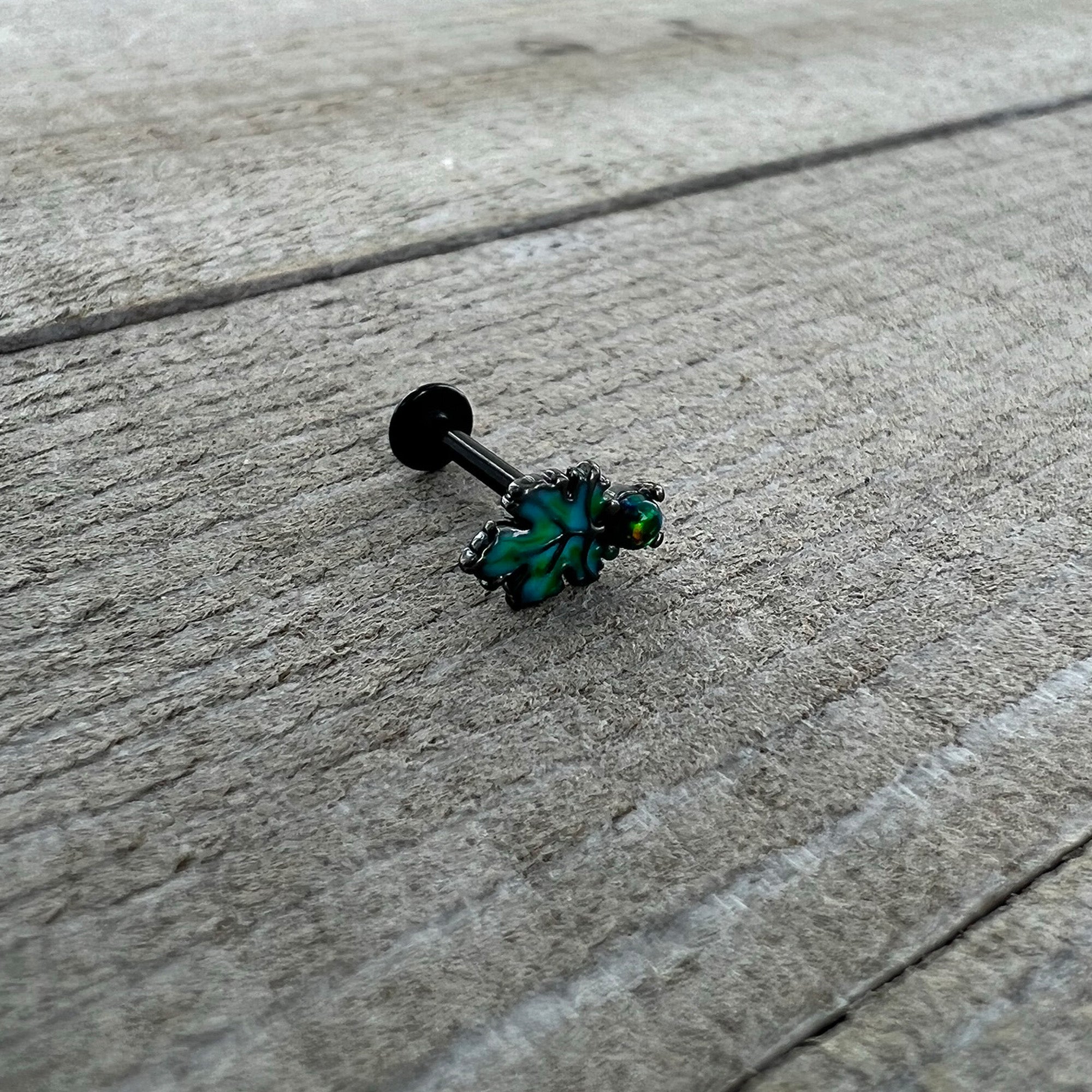 16G 5/16 Green Synthetic Opal Black Fall Leaf Labret Monroe Tragus