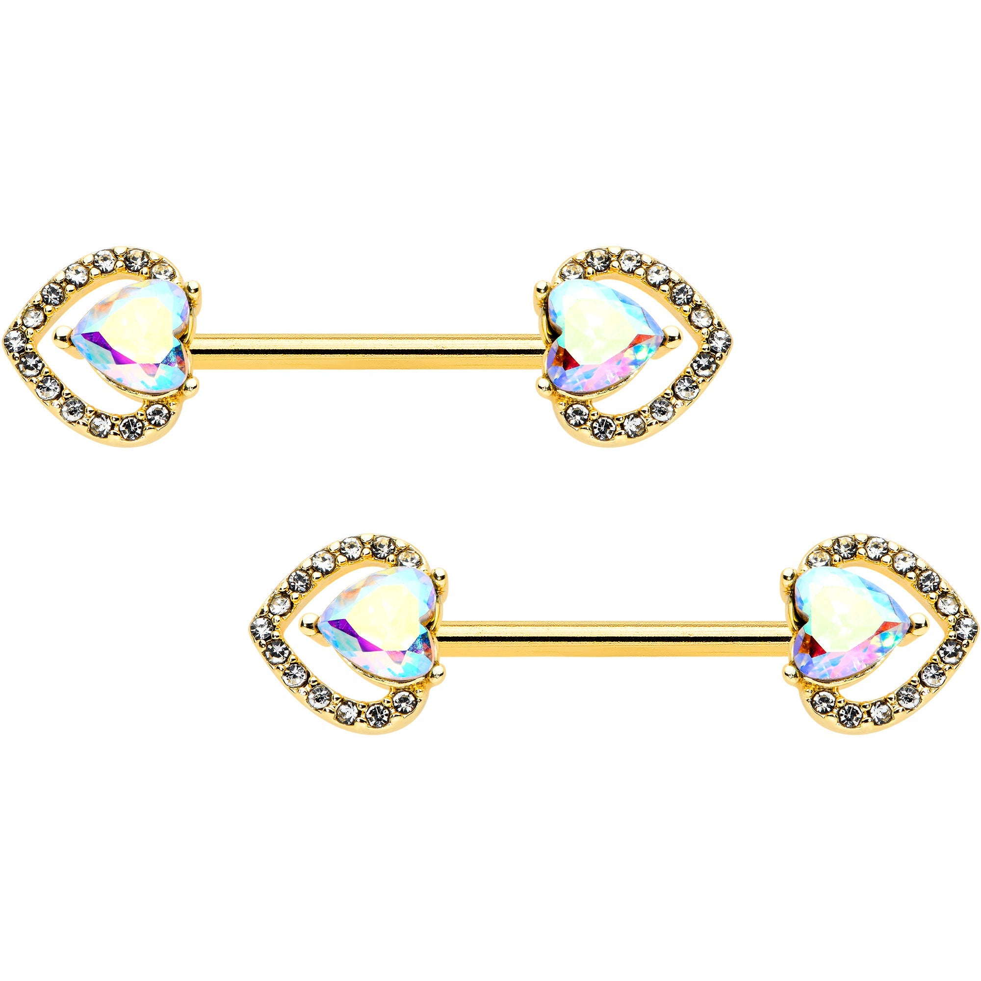 14G 9/16 Aurora Gem Gold Hue Rococo Heart Barbell Nipple Ring Set