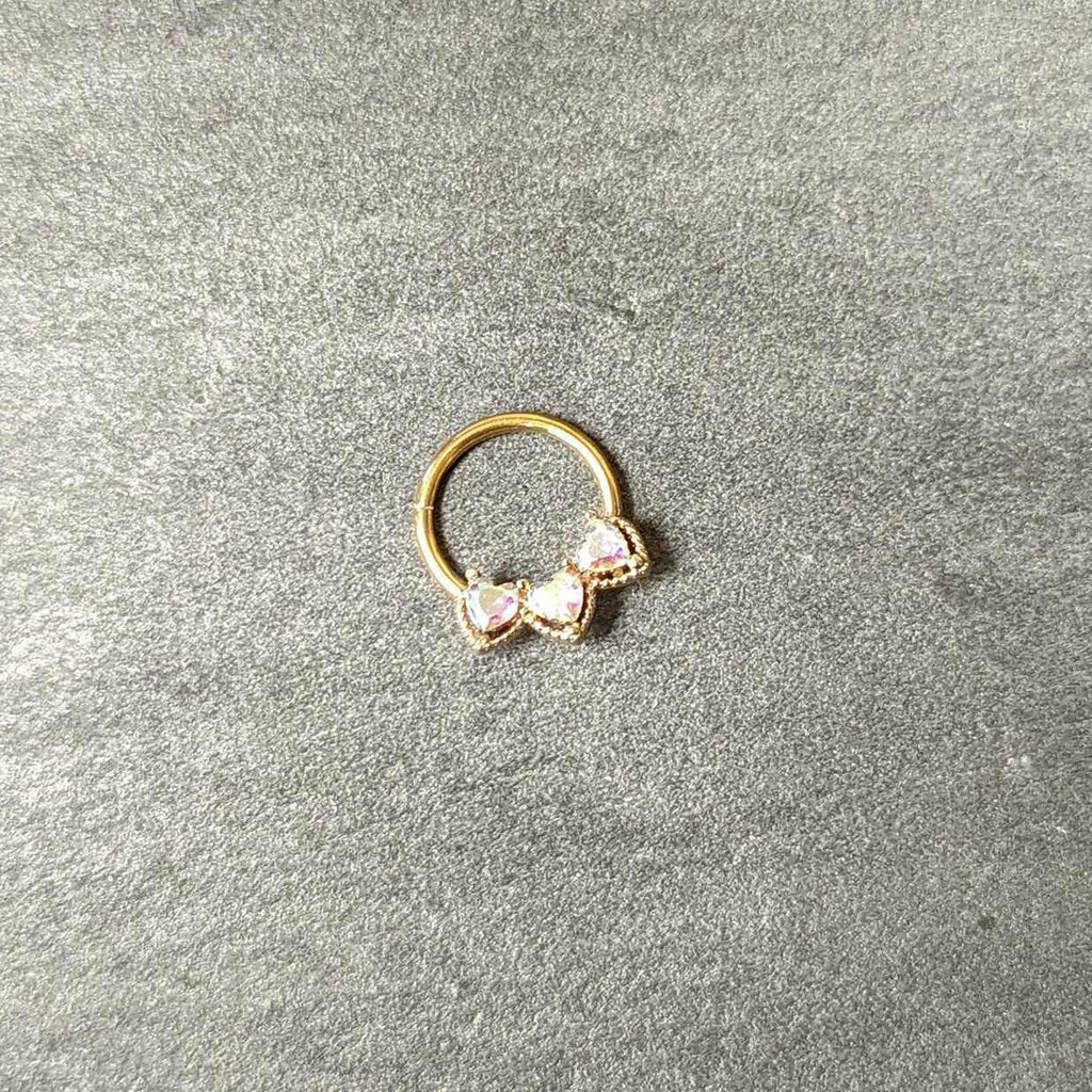 16G 3/8 Aurora Gem Gold Hue Rococo Trio Heart Hinged Segment Ring