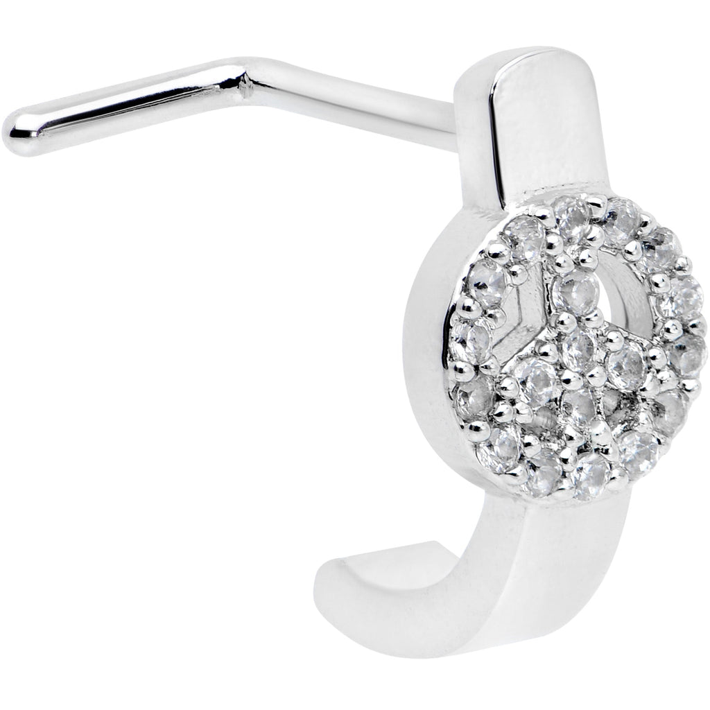20G 1/4 Clear Gem Retro Peace Sign Faux Hoop L Shape Nose Ring