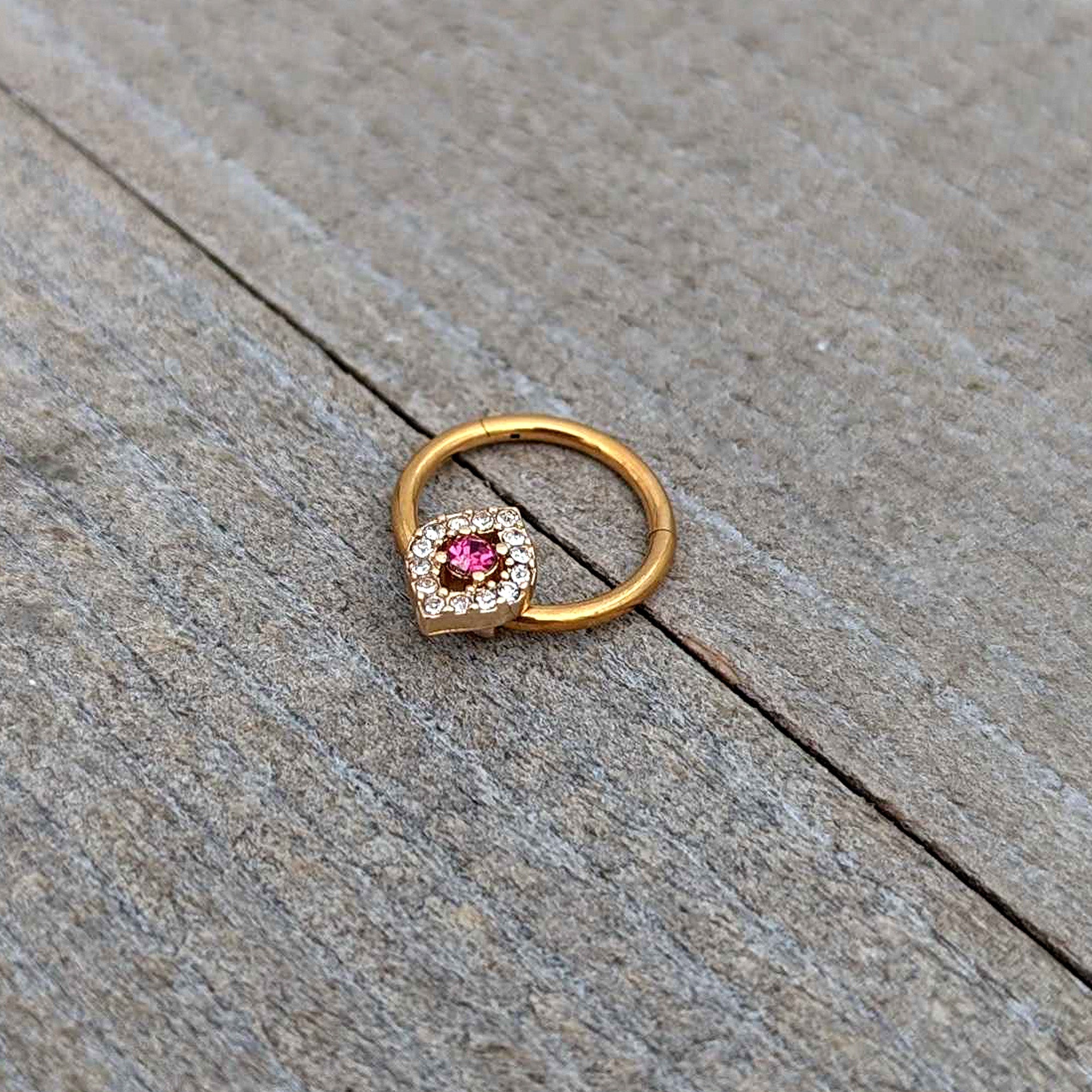 16G 3/8 Clear Pink Gem Gold Tone Open Eye Hinged Segment Ring