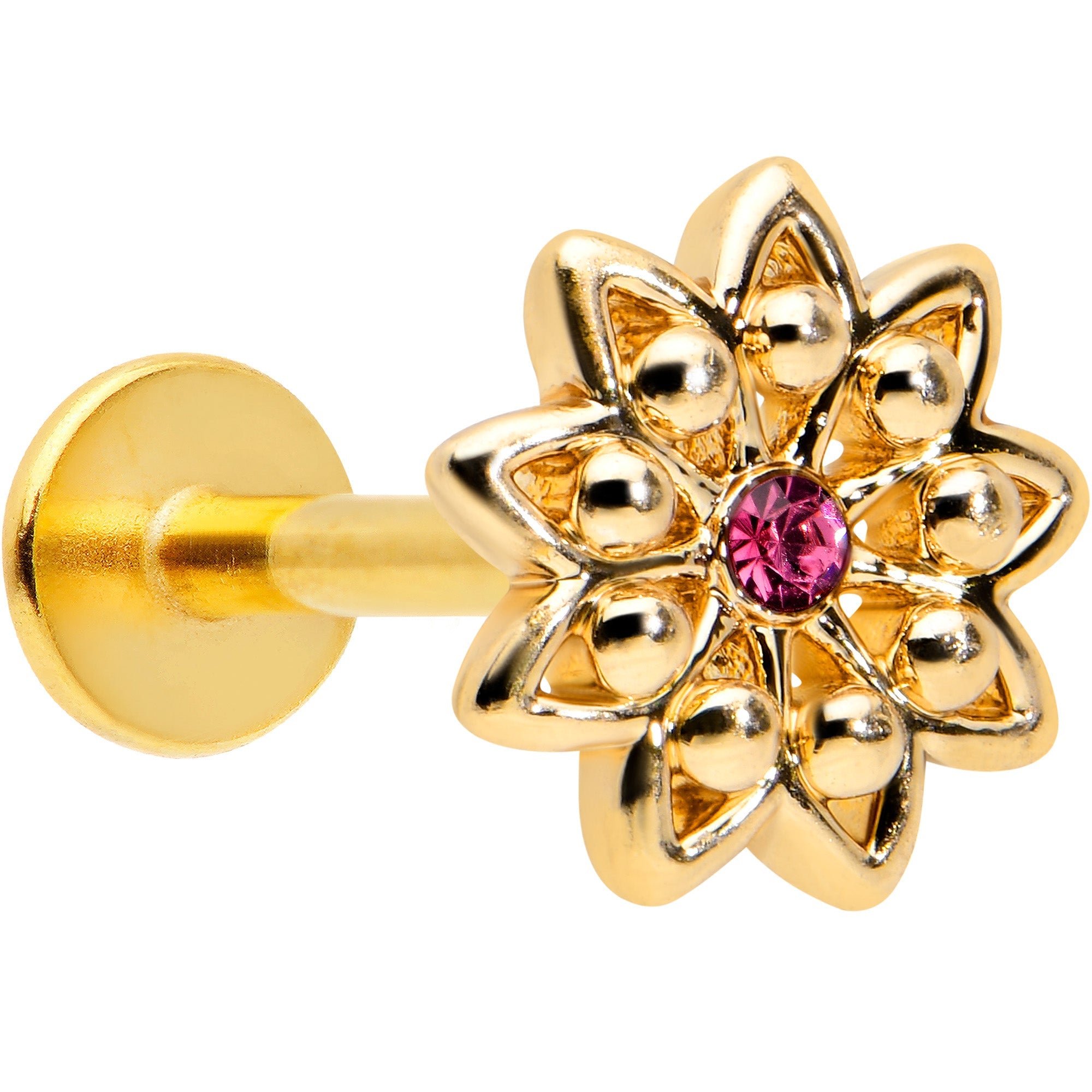 16G 5/16 Pink Gem Gold Tone Starry Flower Labret Monroe Tragus