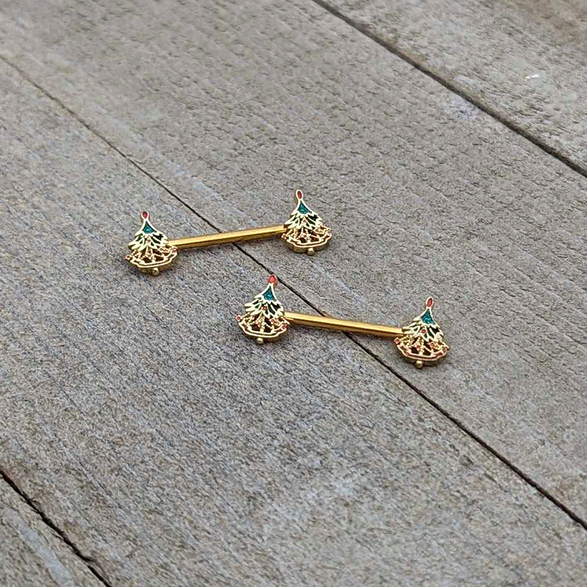 14G 9/16 Red Gem Gold Hue Deco Holiday Tree Barbell Nipple Ring Set