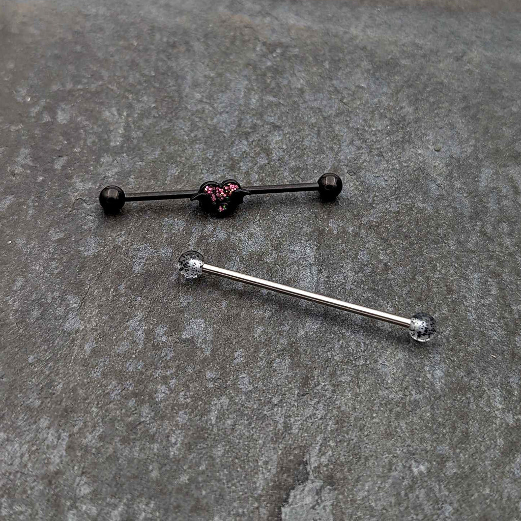 14G Black Bat Heart Halloween Clear Industrial Barbell 38mm Set of 2
