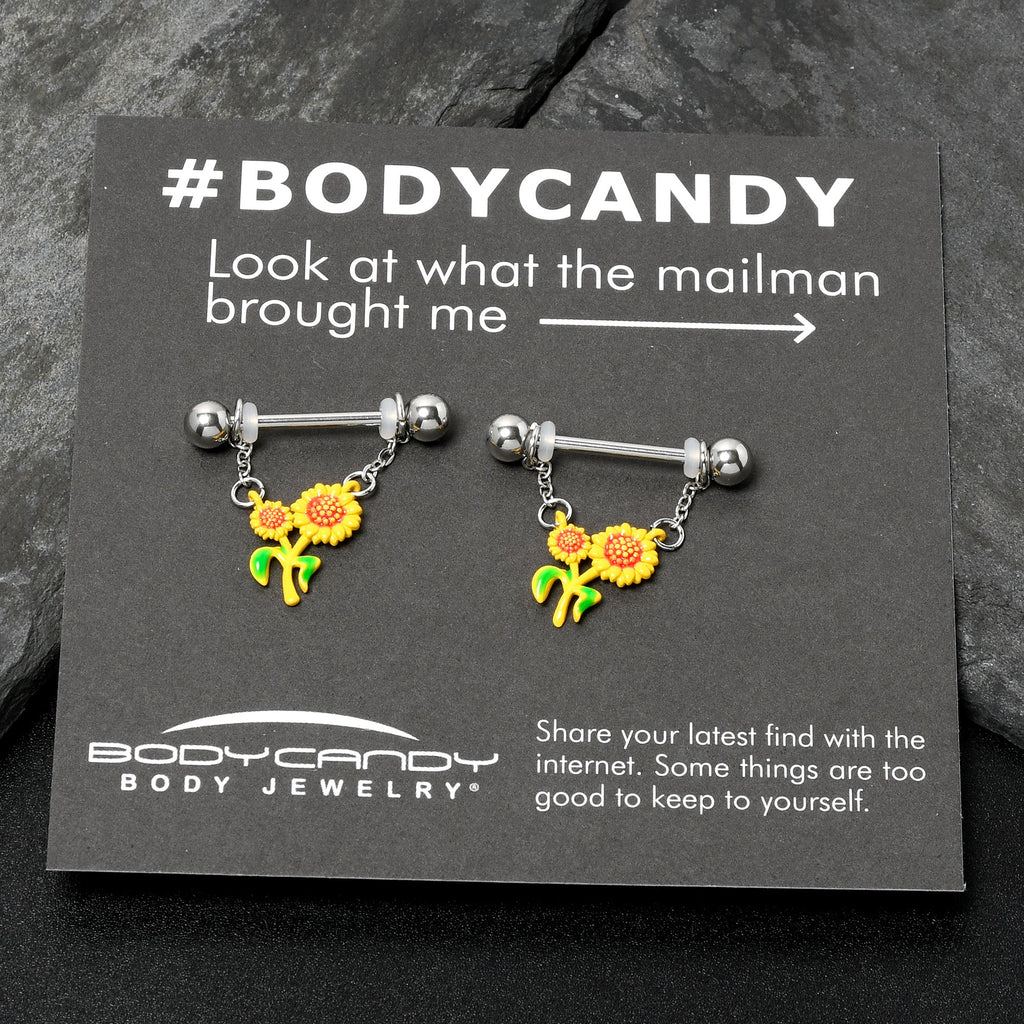 14G 9/16 Happy Sunflower Duo Chain Dangle Nipple Ring Set