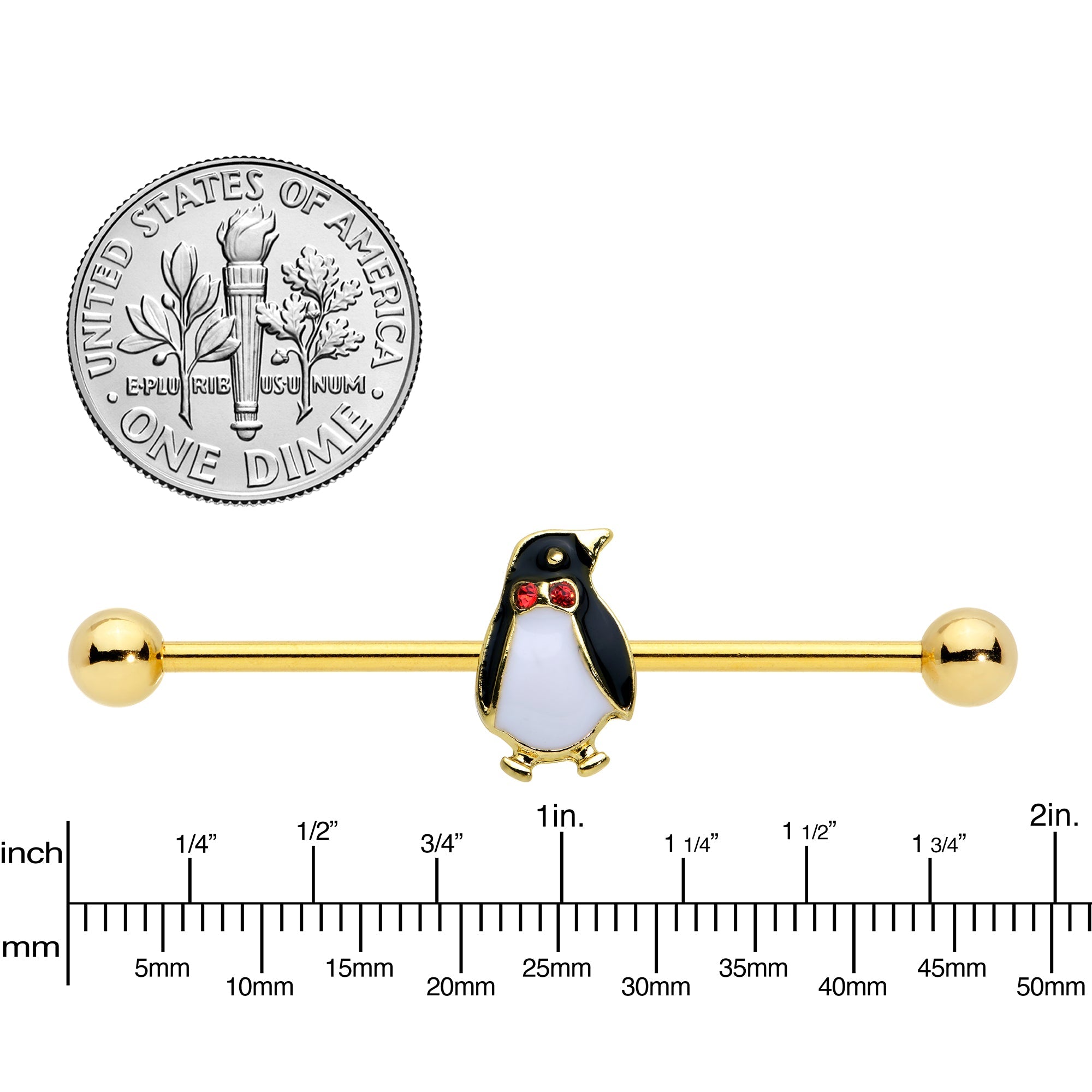 14G Red Gem Gold Tone Bow Tie Penguin Industrial Barbell 38mm