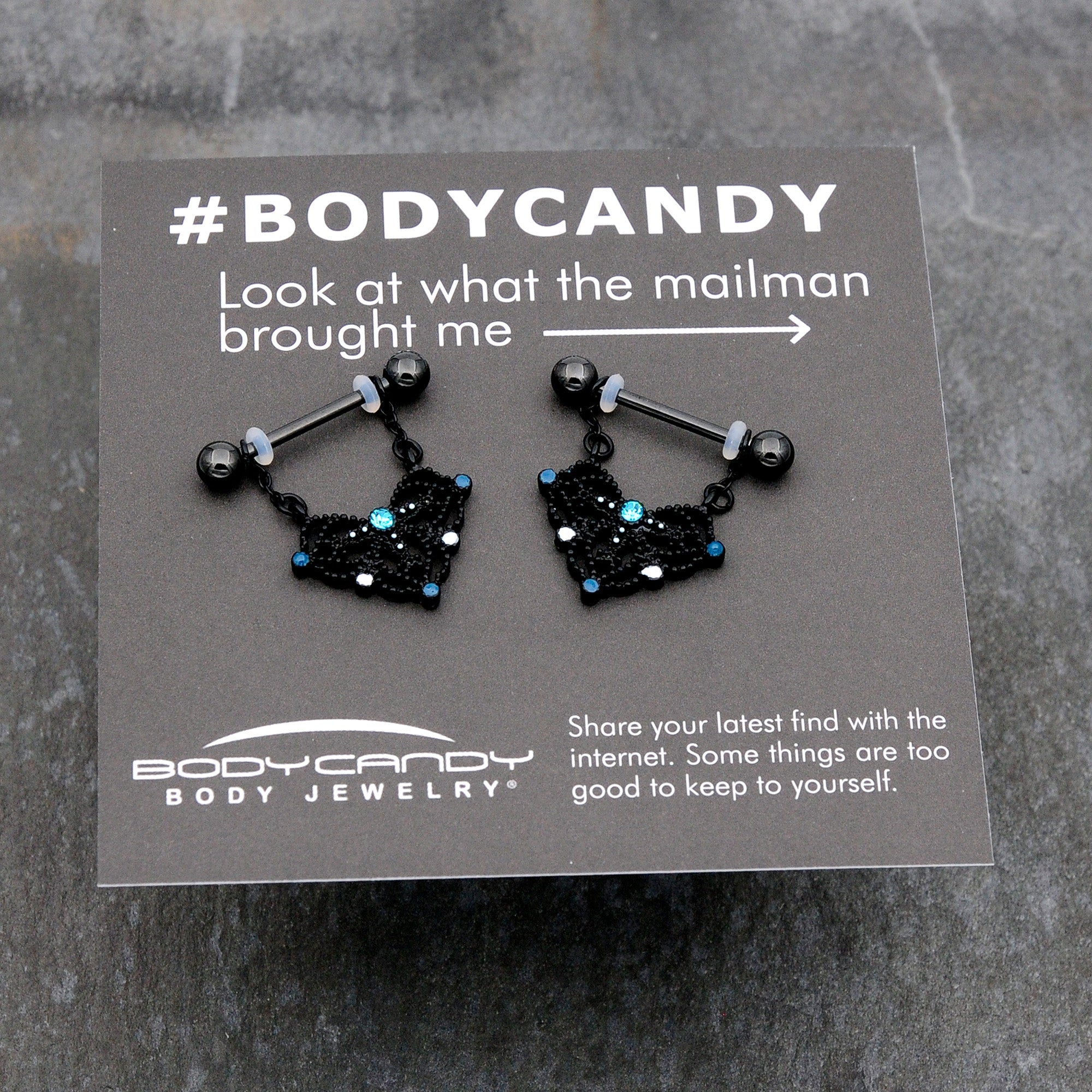 14G 9/16 Blue Gem Black Lacy Rhombus Dangle Nipple Ring Set