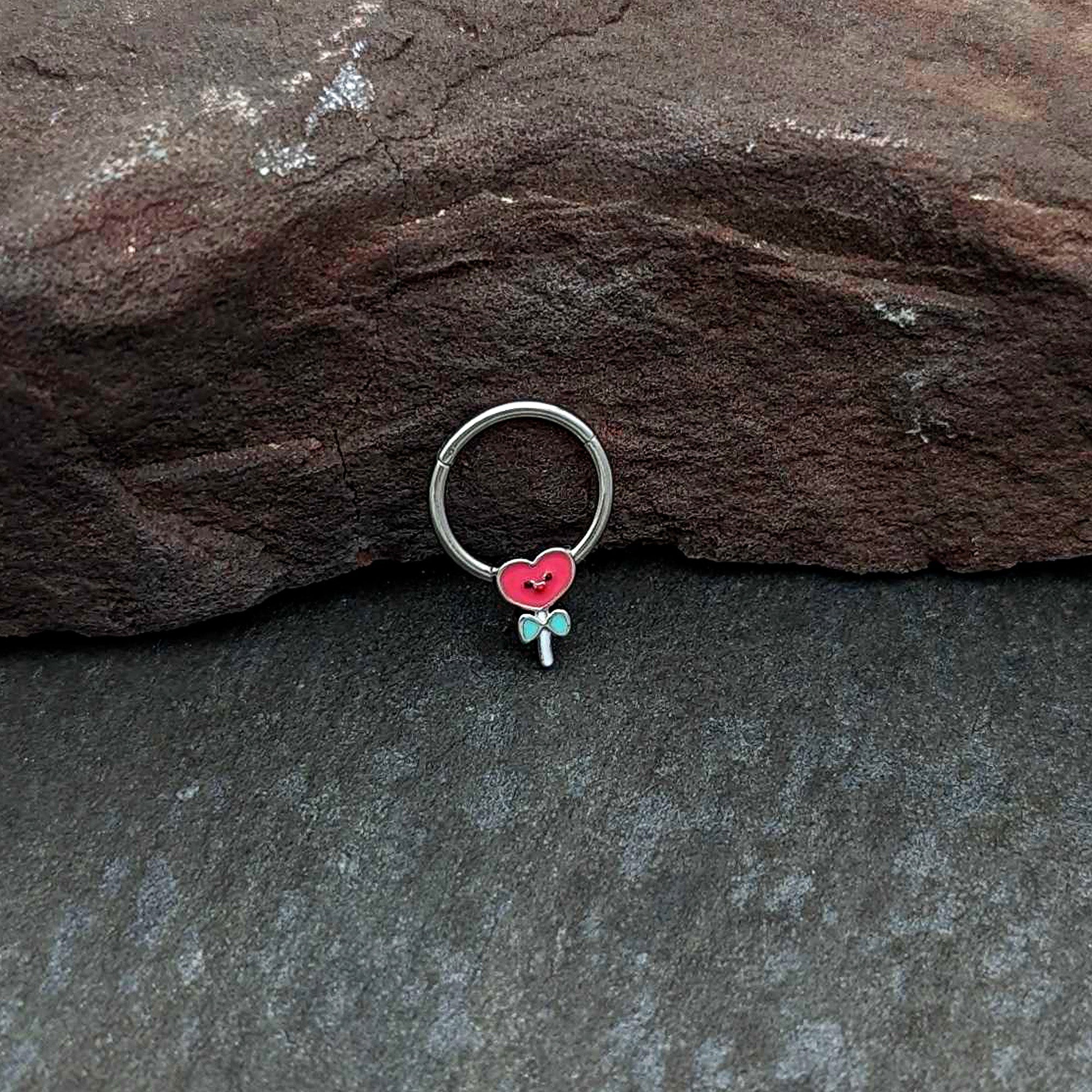 16G 3/8 Sweet Happy Heart Lollipop Hinged Segment Ring