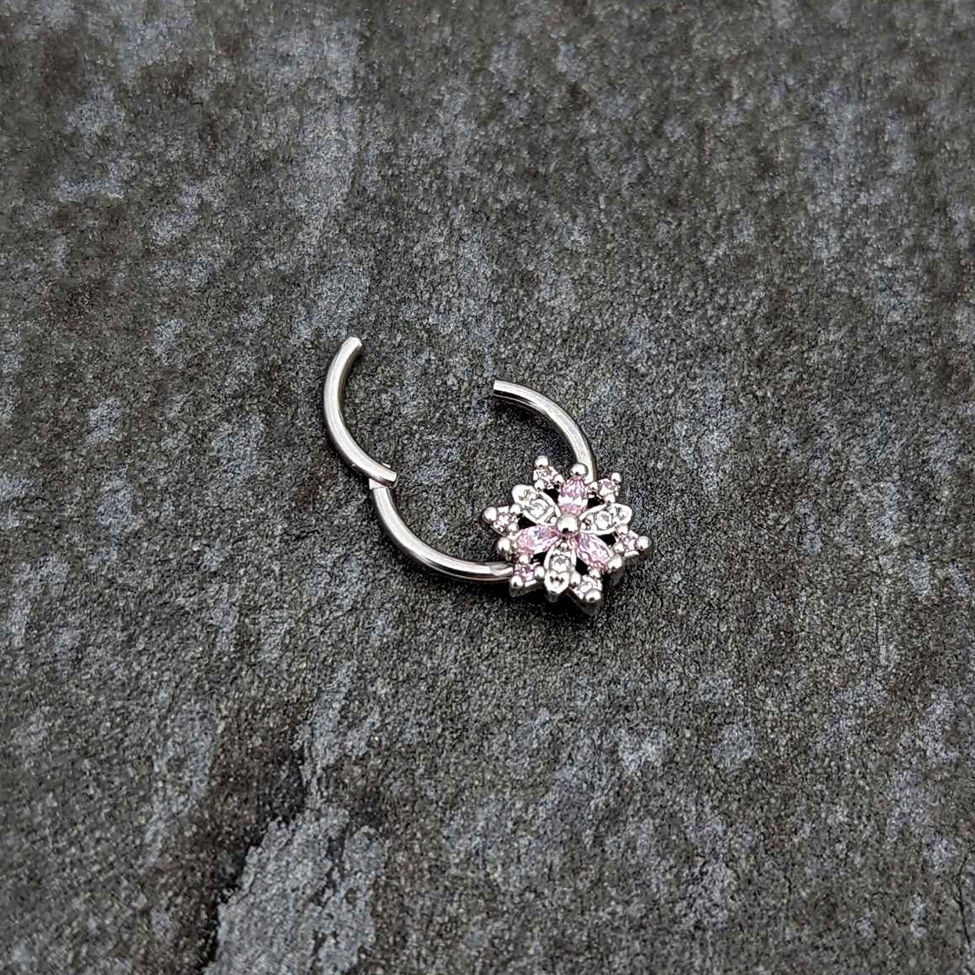 16G 3/8 Clear Pink CZ Gem Snowflake Hinged Circular Ring