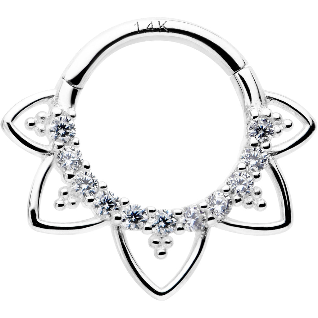 16G 5/16 Clear CZ Gem 14k White Gold Filigree Hinged Segment Ring