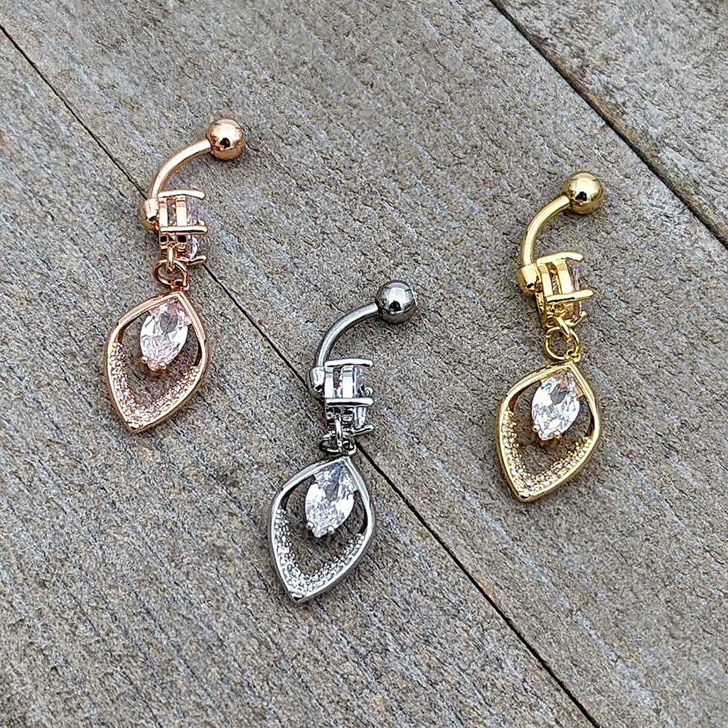 Clear CZ Gem Gold Tone Lush Leaf Dangle Belly Ring
