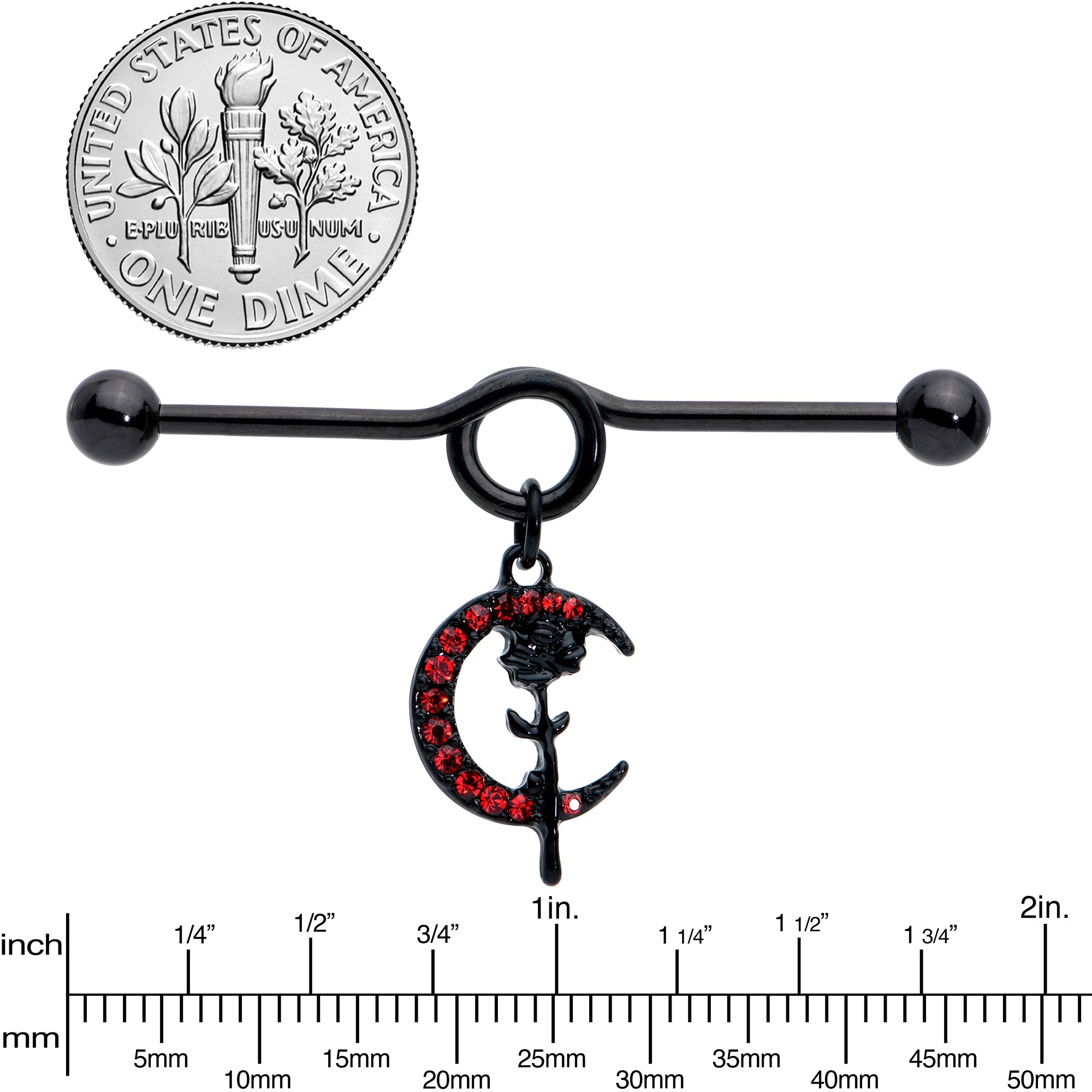 14G Red CZ Gem Black Moon Rose Flower Dangle Project Bar 38mm