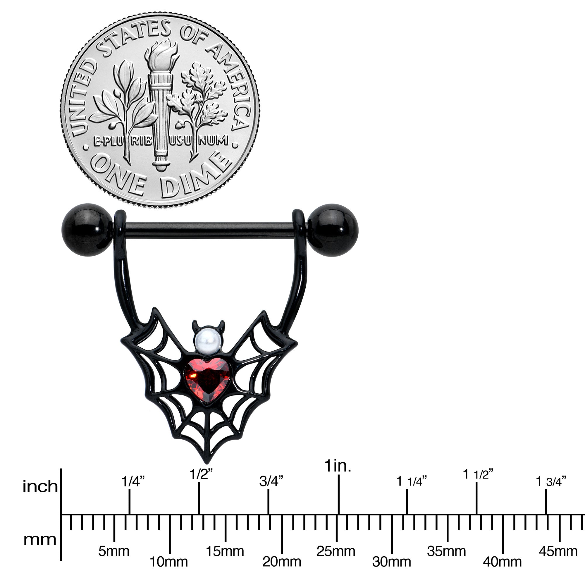 14G 11/16 Red Gem Black Gothic Bat Heart Nipple Shield Set