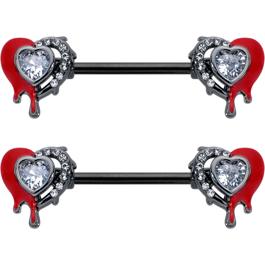 14G 9/16 Clear Gem Black Bleeding Heart Barbell Nipple Ring Set