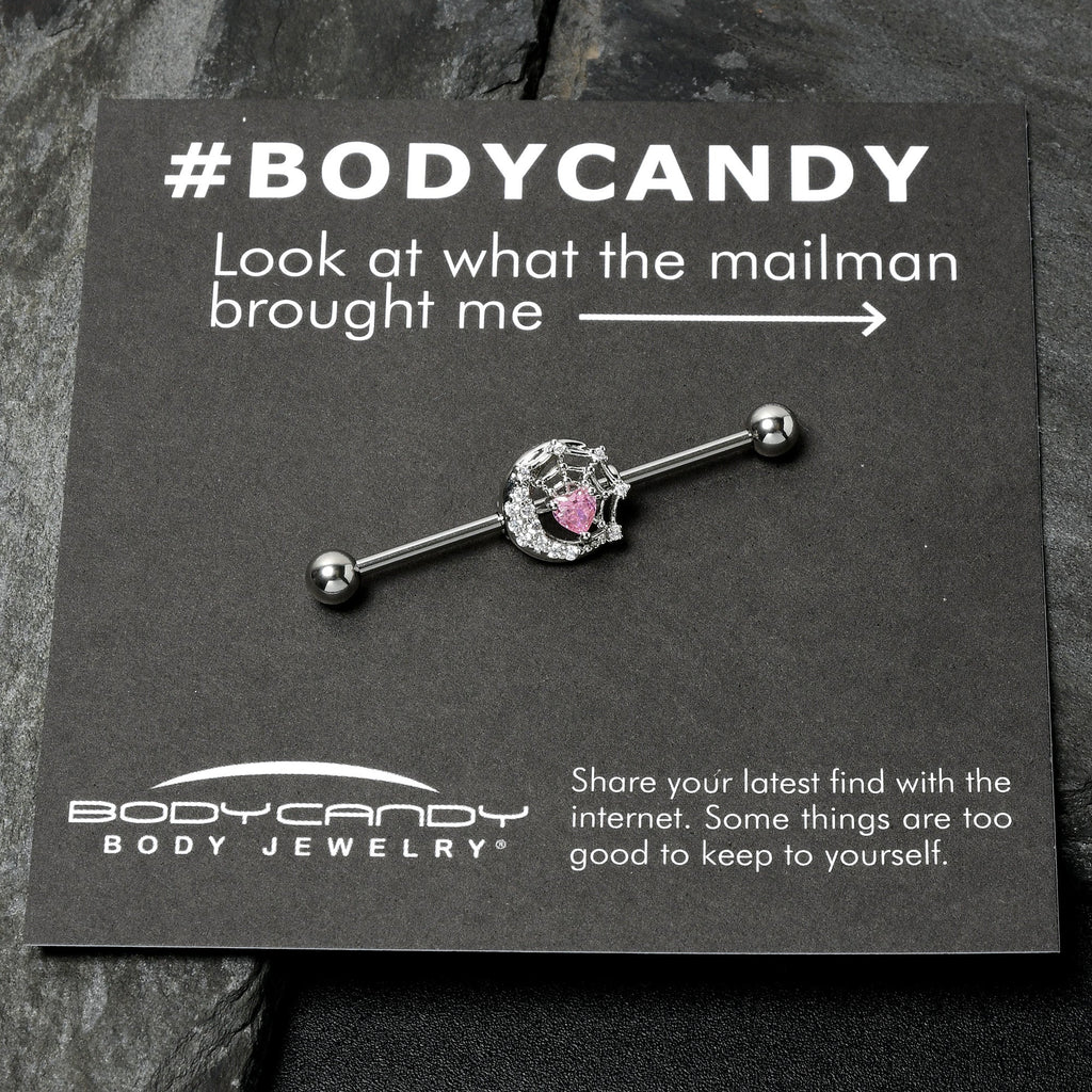 14G Pink CZ Gem Heart Web Moon Industrial Barbell 38mm