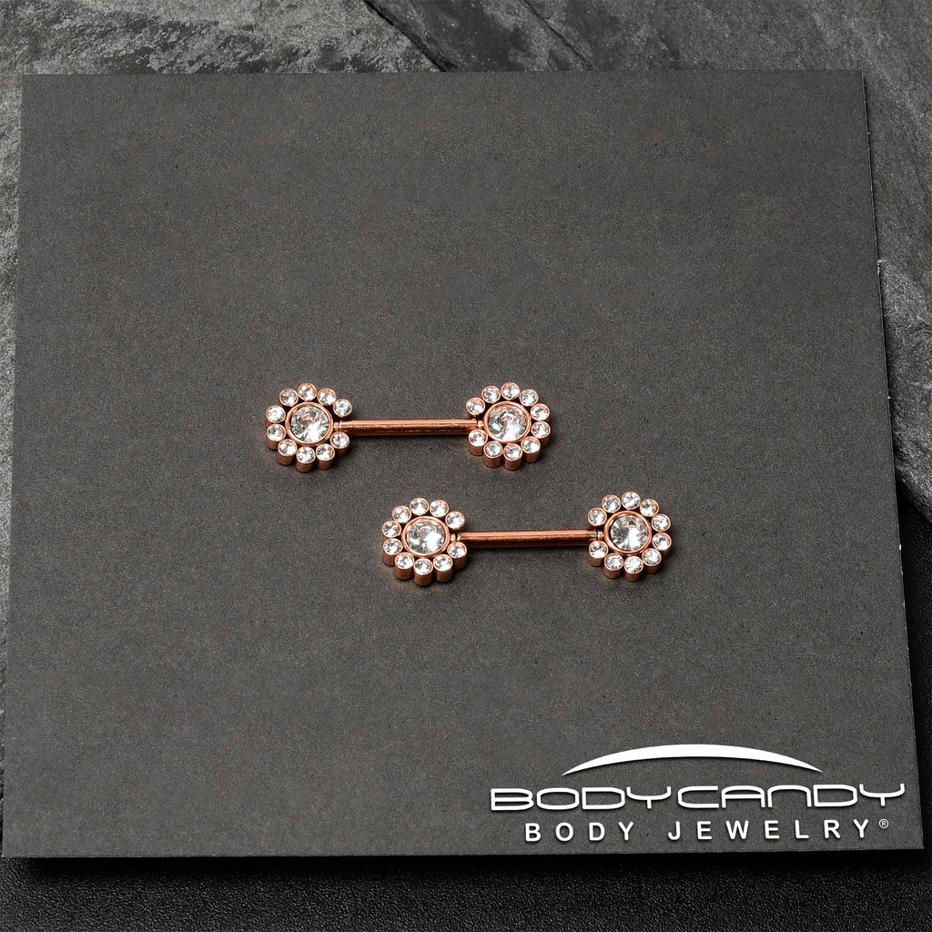 14G 9/16 Clear CZ Gem Rosy Tone Flower Threadless Nipple Ring Set