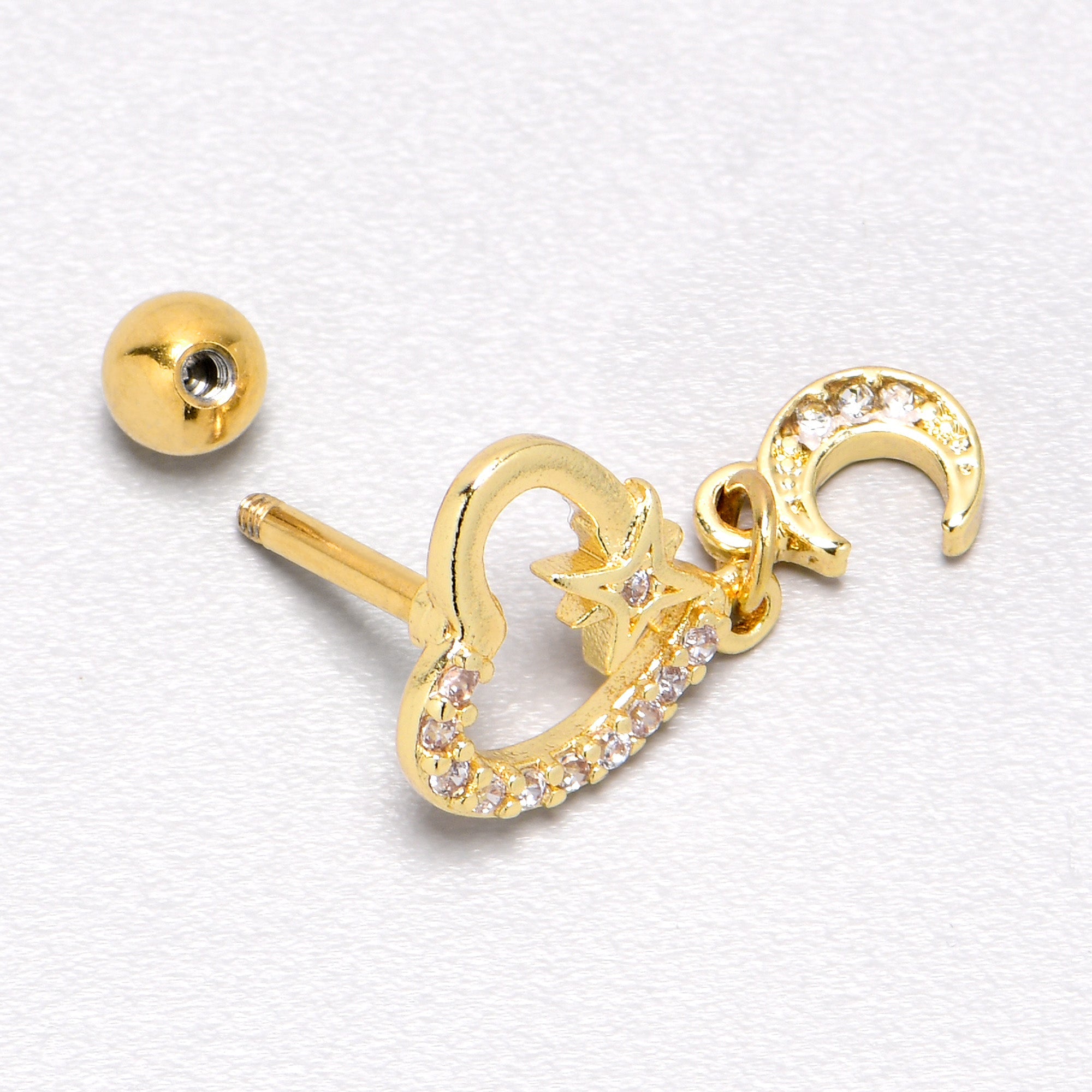 16G 1/4 Clear CZ Gem Gold Tone Heart Moon Dangle Cartilage Earring