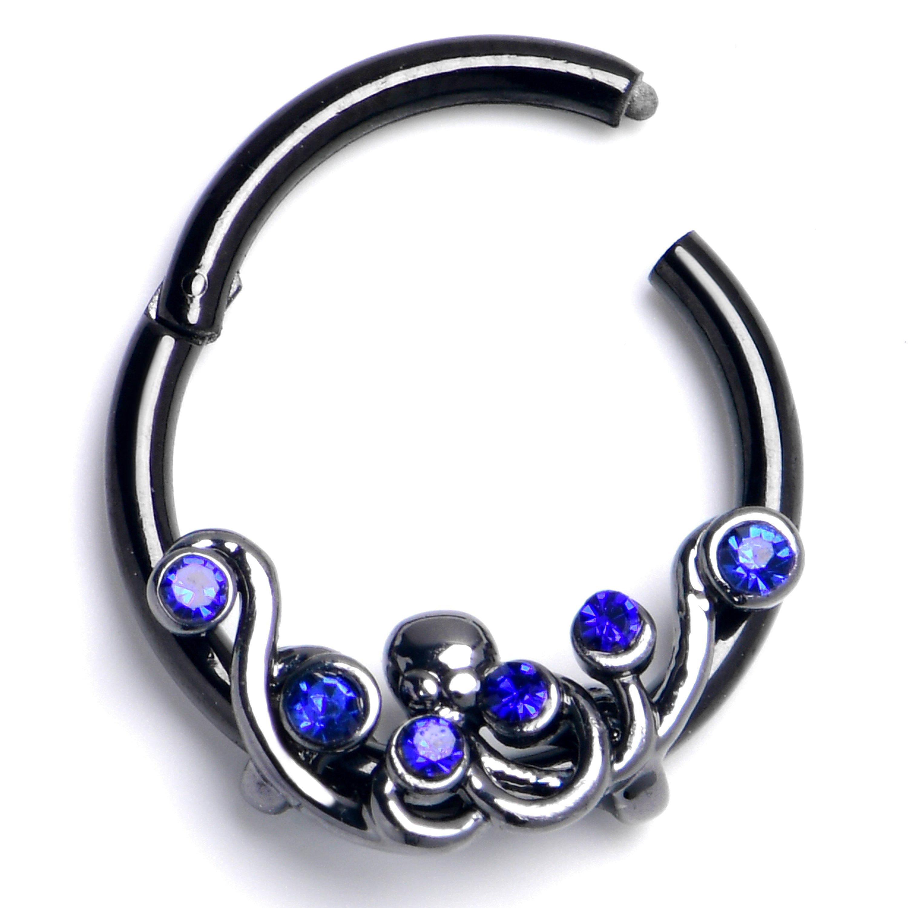16G 3/8 Blue Gem Black Scrolling Elegance Hinged Segment Ring