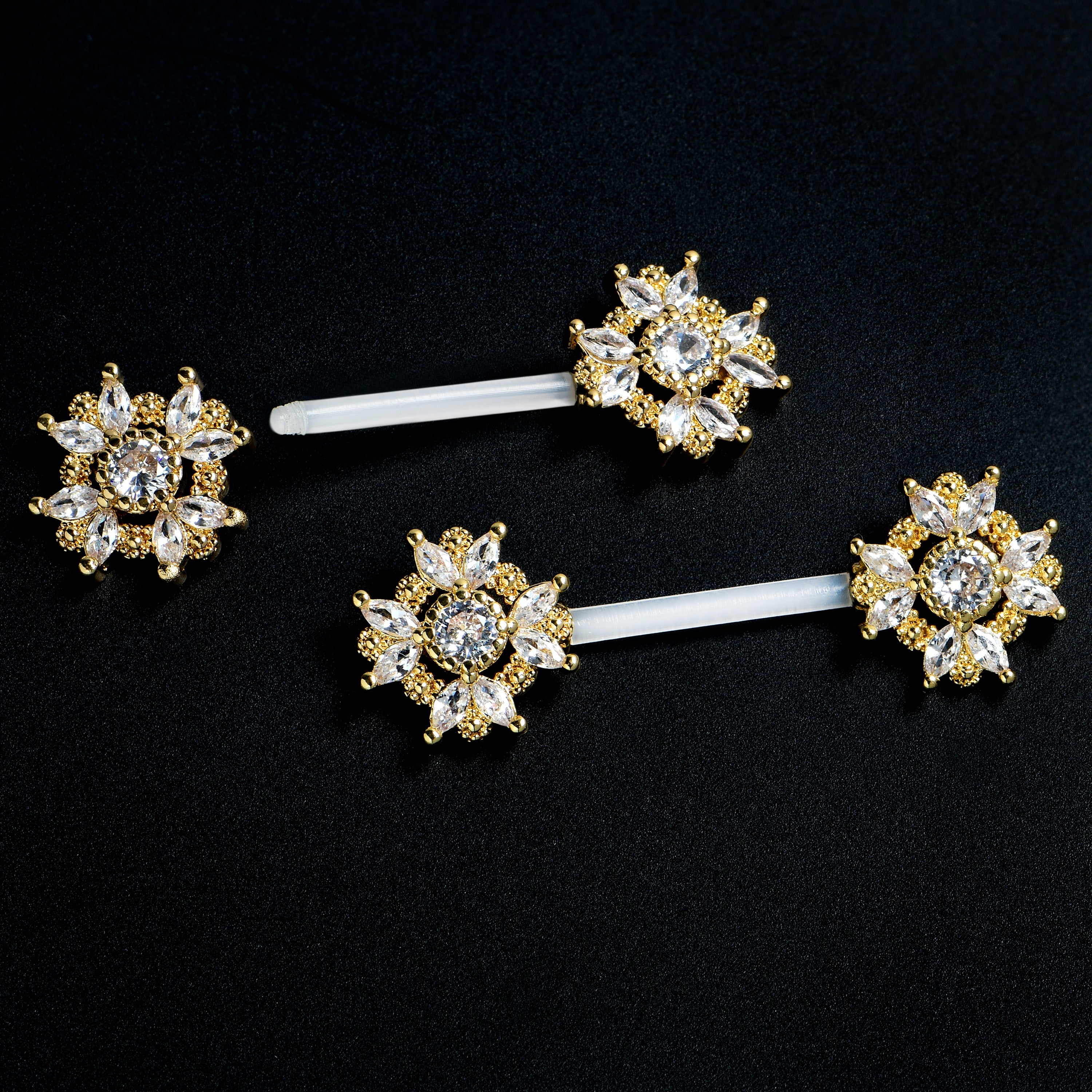 14G 9/16 Clear Gem Classic Cross PTFE Bioplast Barbell Nipple Ring Set