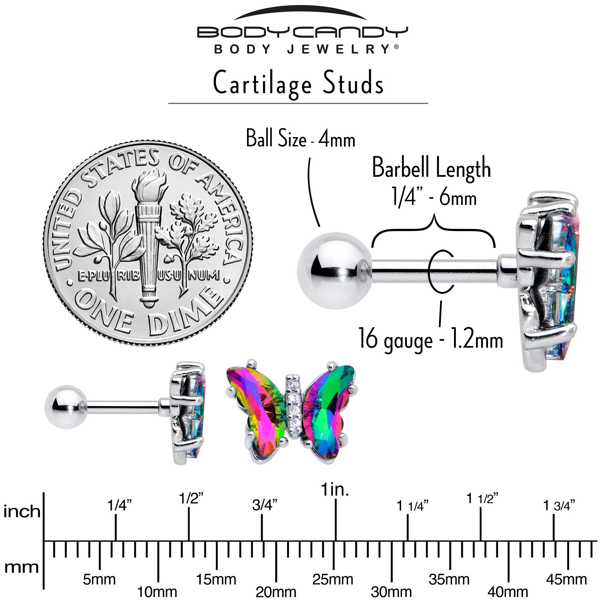 16G 1/4 Rainbow CZ Gem Simply Colorful Butterfly Cartilage Earring