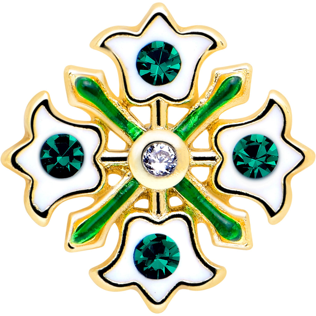 16G 5/16 Green CZ Gem Gold Tone Flower Wreath Flatback Stud