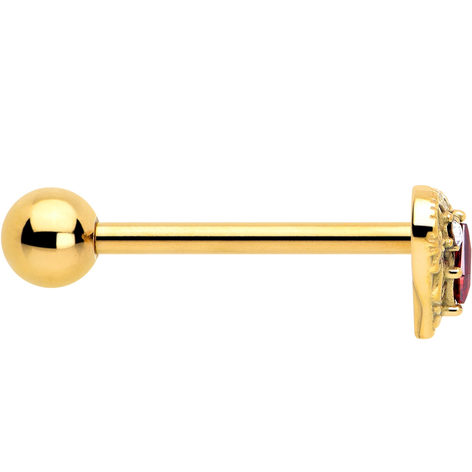 Red CZ Gem Gold Tone Heart Queen Barbell Tongue Ring