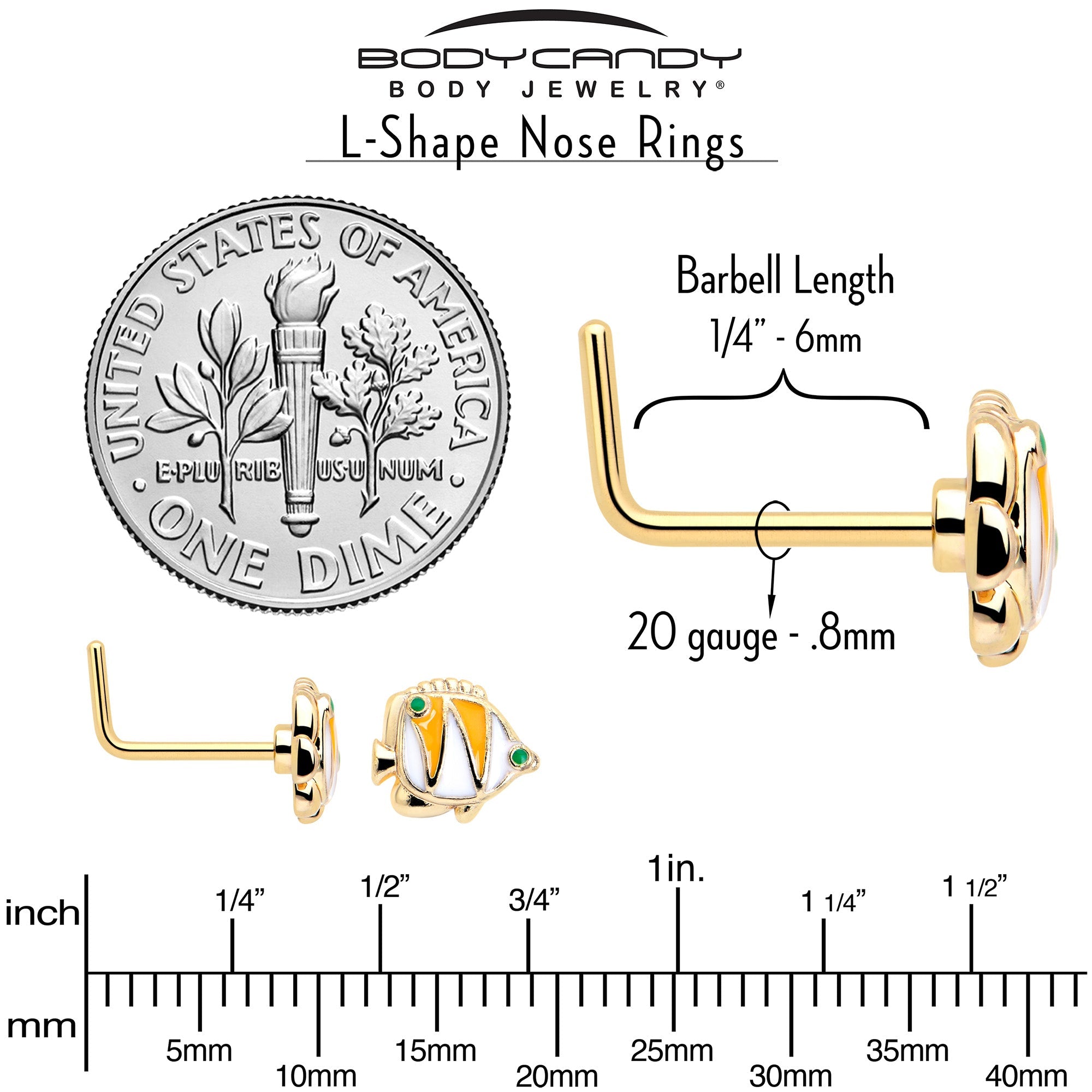 20G 7mm Gold Tone Tropical Fish L Shape Nose Ring Set of 3