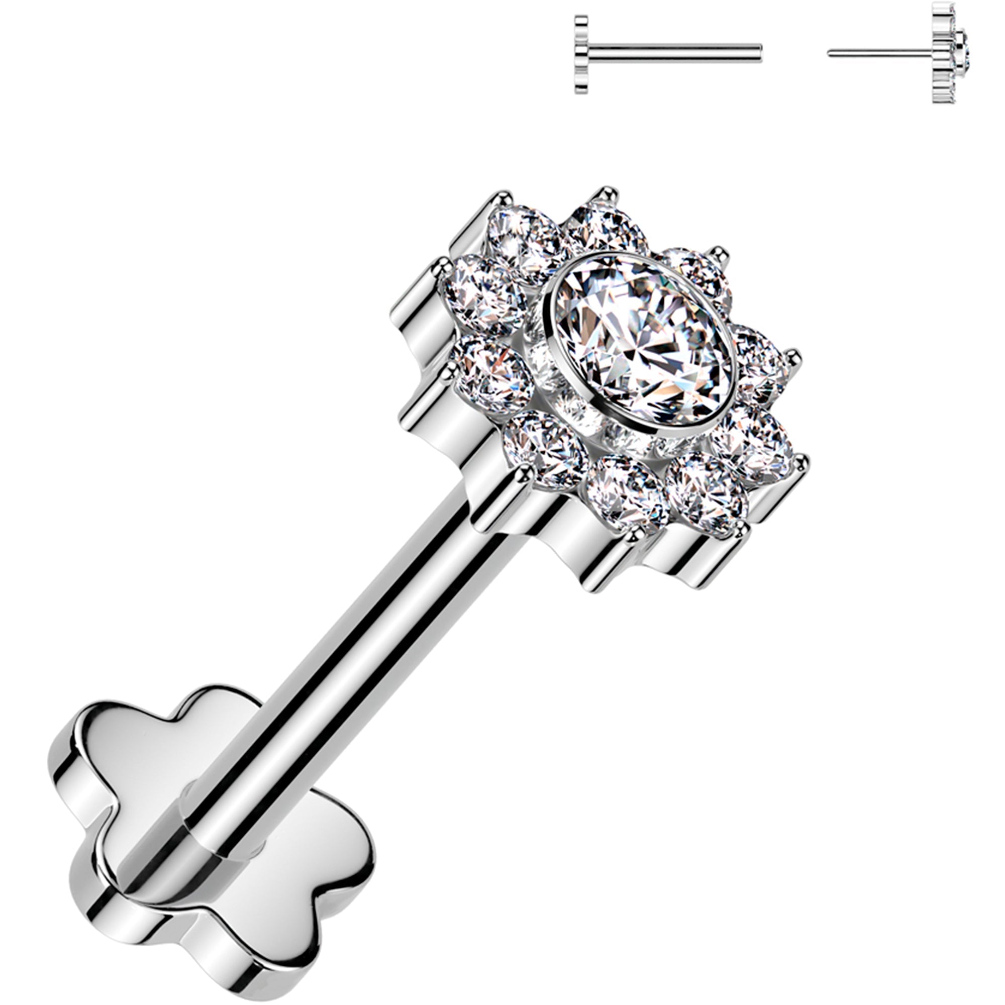 18G 5/16 CZ Gem Flower Duo Medical Grade Titanium Reversible Flat Back Earring