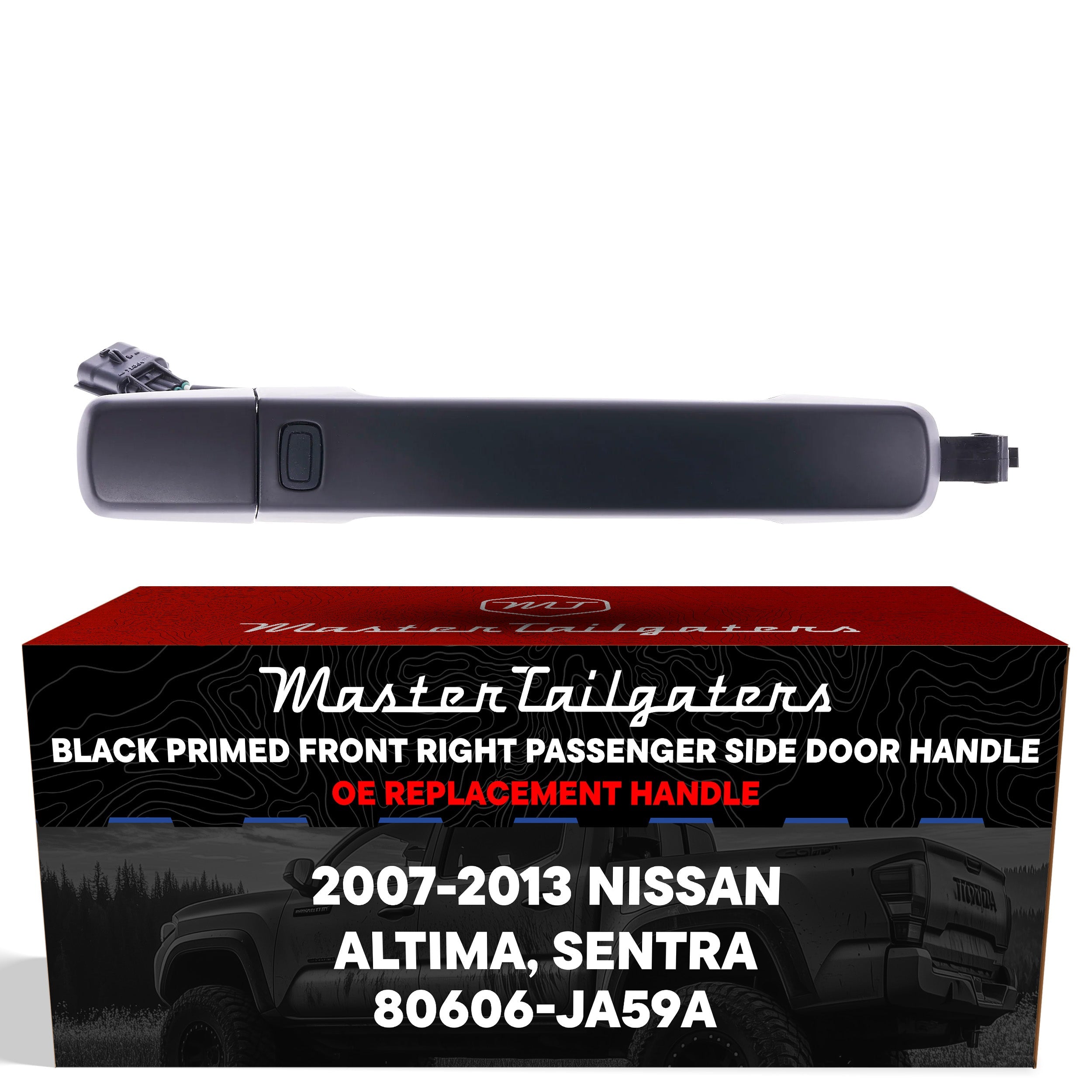Exterior Door Handle Black Primed Replacement for Nissan Altima Coupe 08-13, Altima Sedan 07-12, Altima Hybrid 07-11, Sentra 07-12 OE Part # 80606-JA59A | Front Right Passenger Side w/o Keyhole Cover
