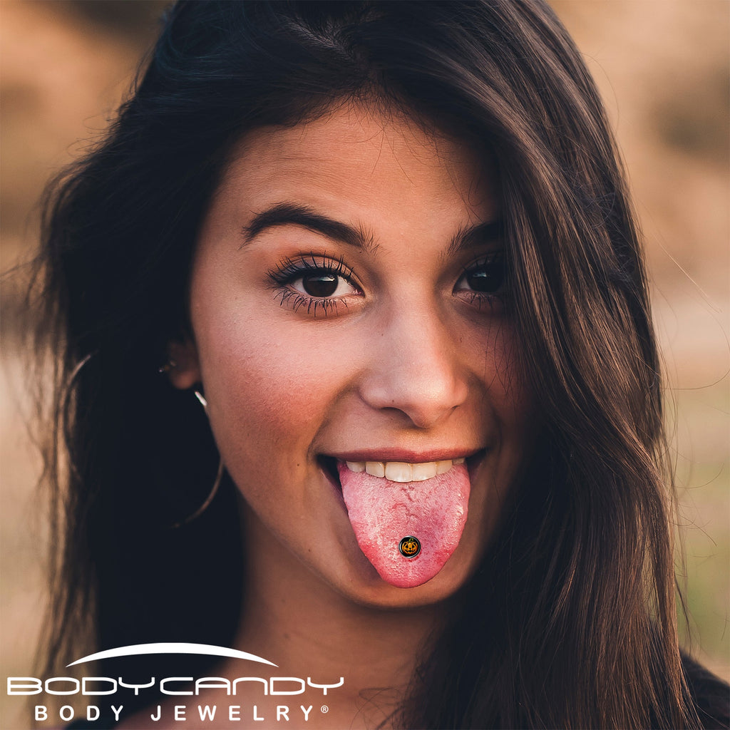 Orange Pumpkin Cat Jack-O-Lantern Barbell Tongue Ring by Onyx O