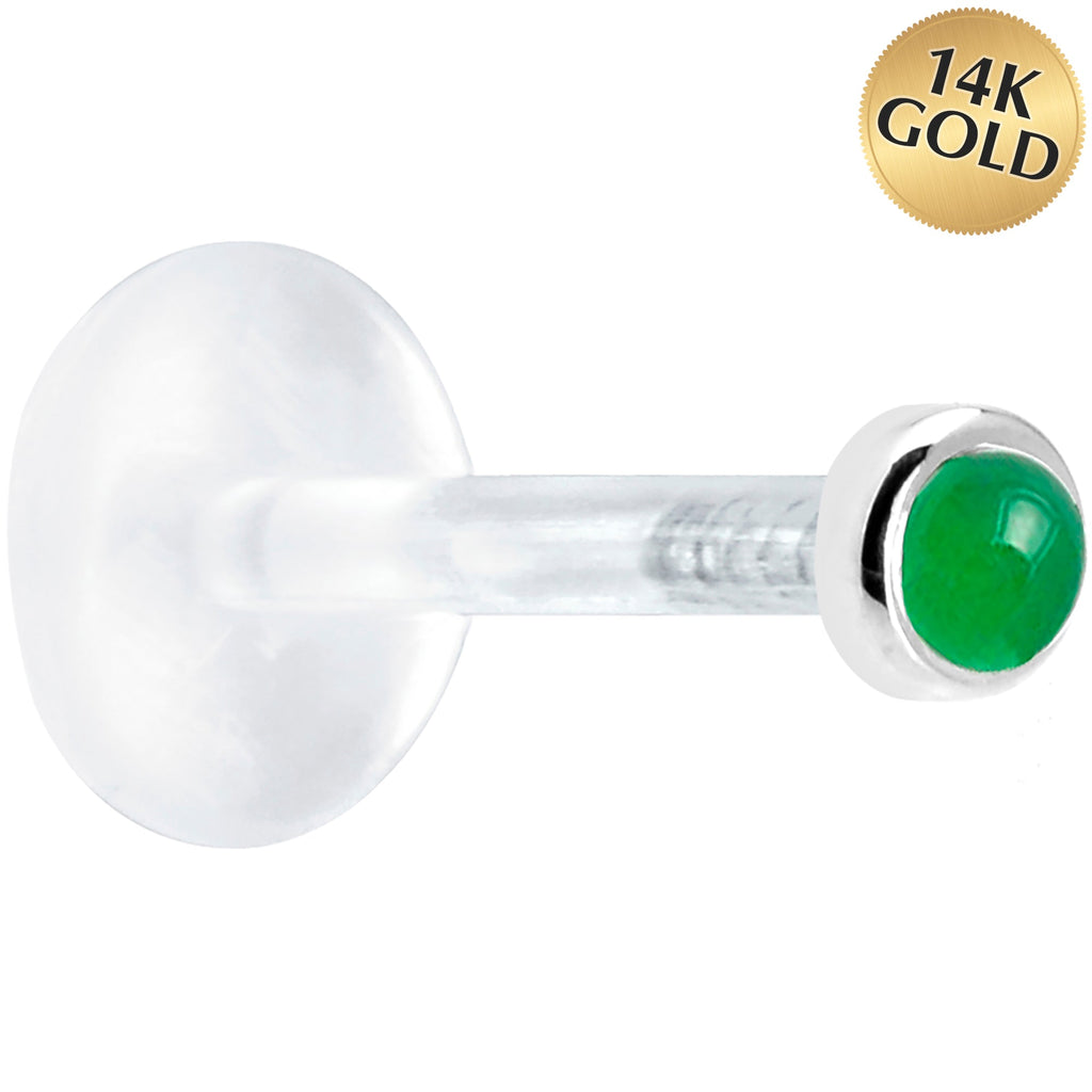 16G 5/16 Solid 14K White Gold 2mm Genuine Jade Bioplast Tragus Earring Stud
