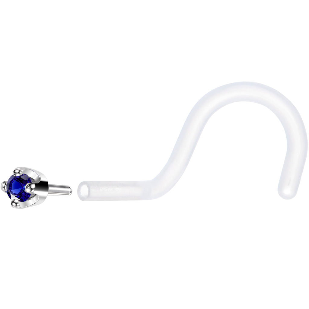 18G 1/4 White Gold 1.5mm Blue Cubic Zirconia Bioplast Nose Ring