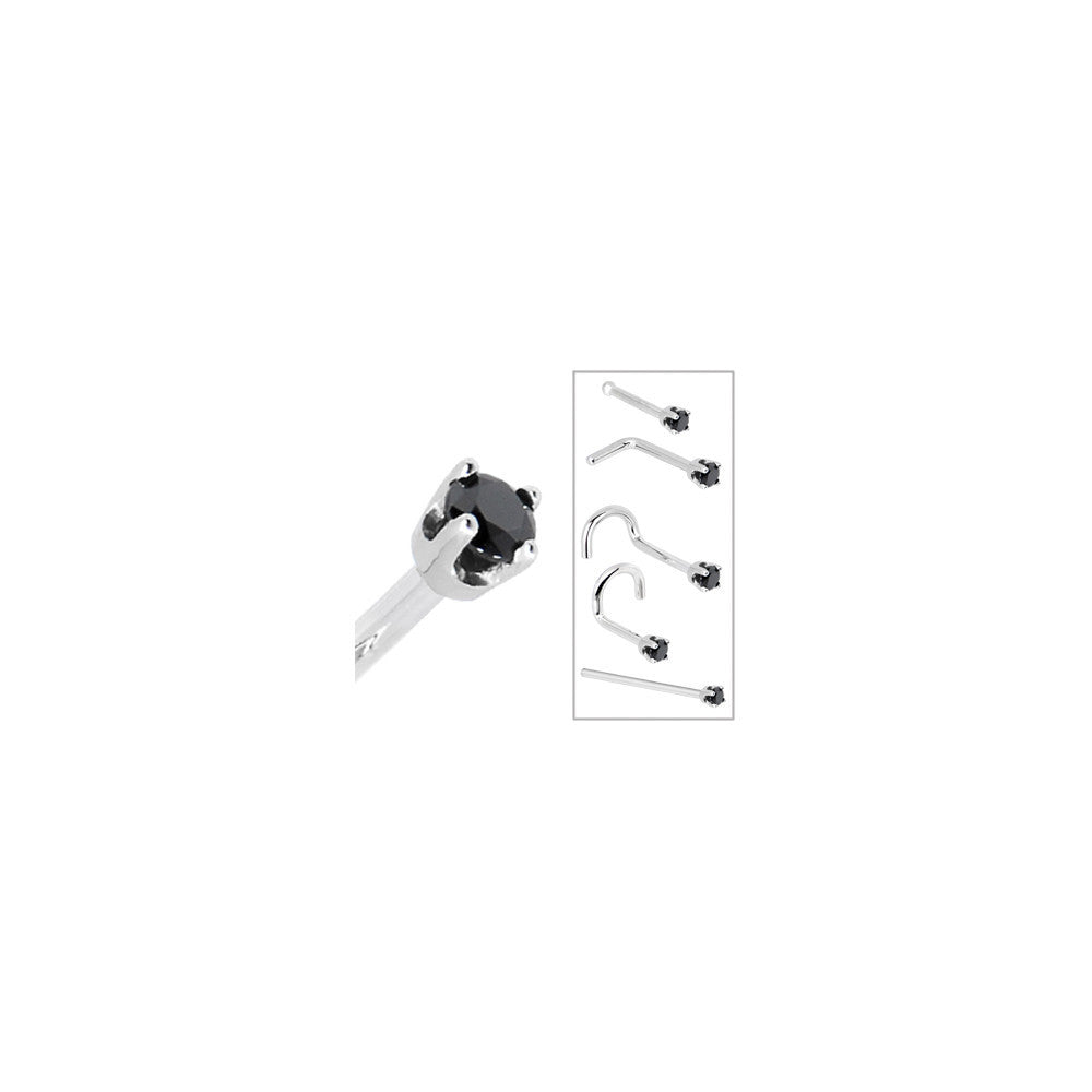 Solid 14K White Gold 2mm Black Cubic Zirconia Nose Ring