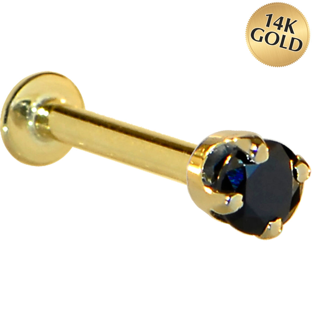 16G Solid 14K Yellow Gold 3mm Black Cubic Zirconia Tragus Earring Stud
