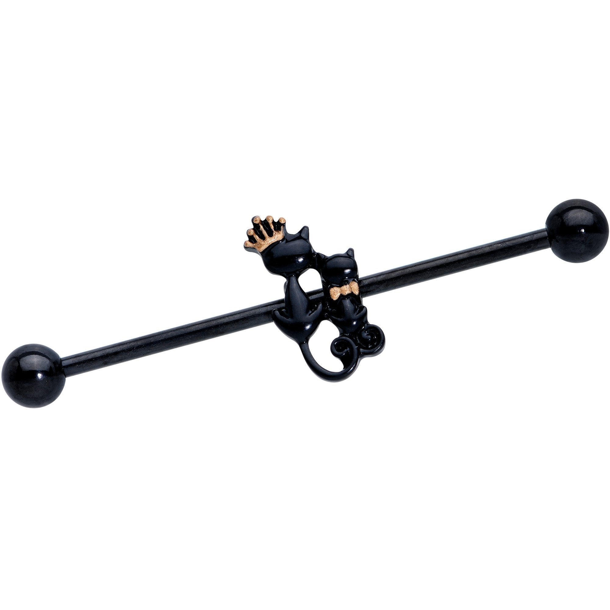 14G Black PVD King and Queen Kitty Cat Industrial Barbell 38mm